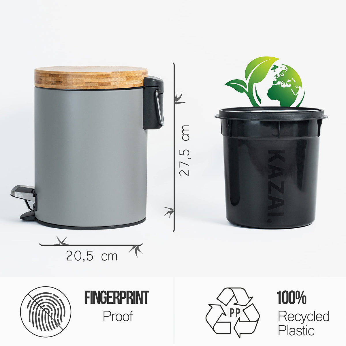 Kazai. 5L Designer Bathroom Bin | Superior Bamboo | Soft Closing | Anti-Finger | Grey