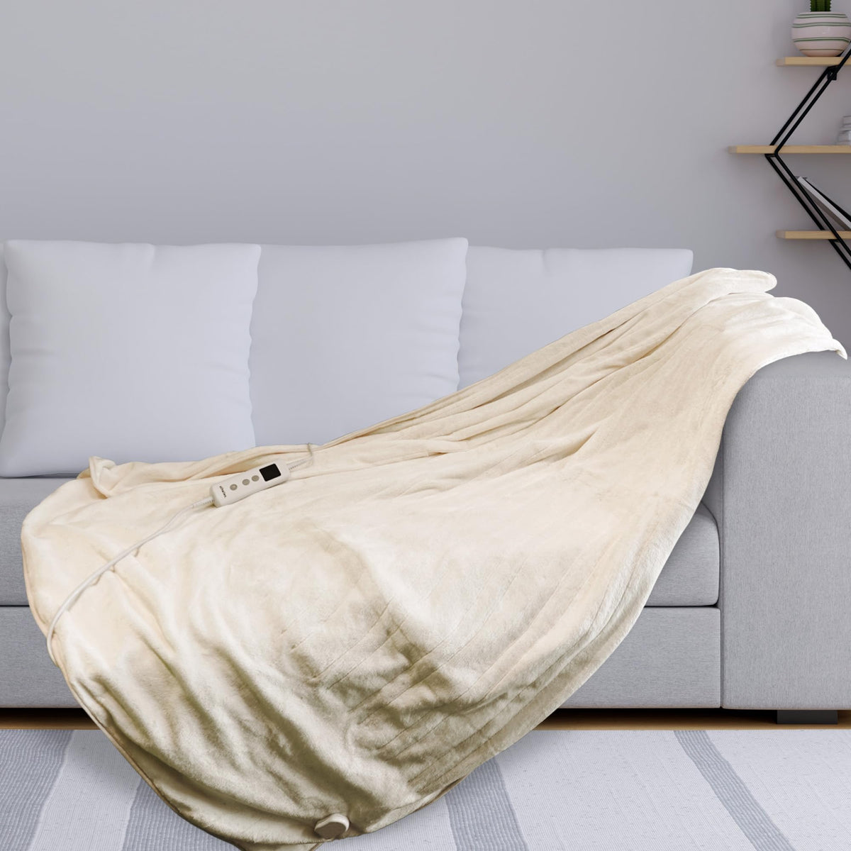 Schallen 120x160cm Soft Heated Warm Throw Over Blanket with Timer and 10 Heat Settings (cream)