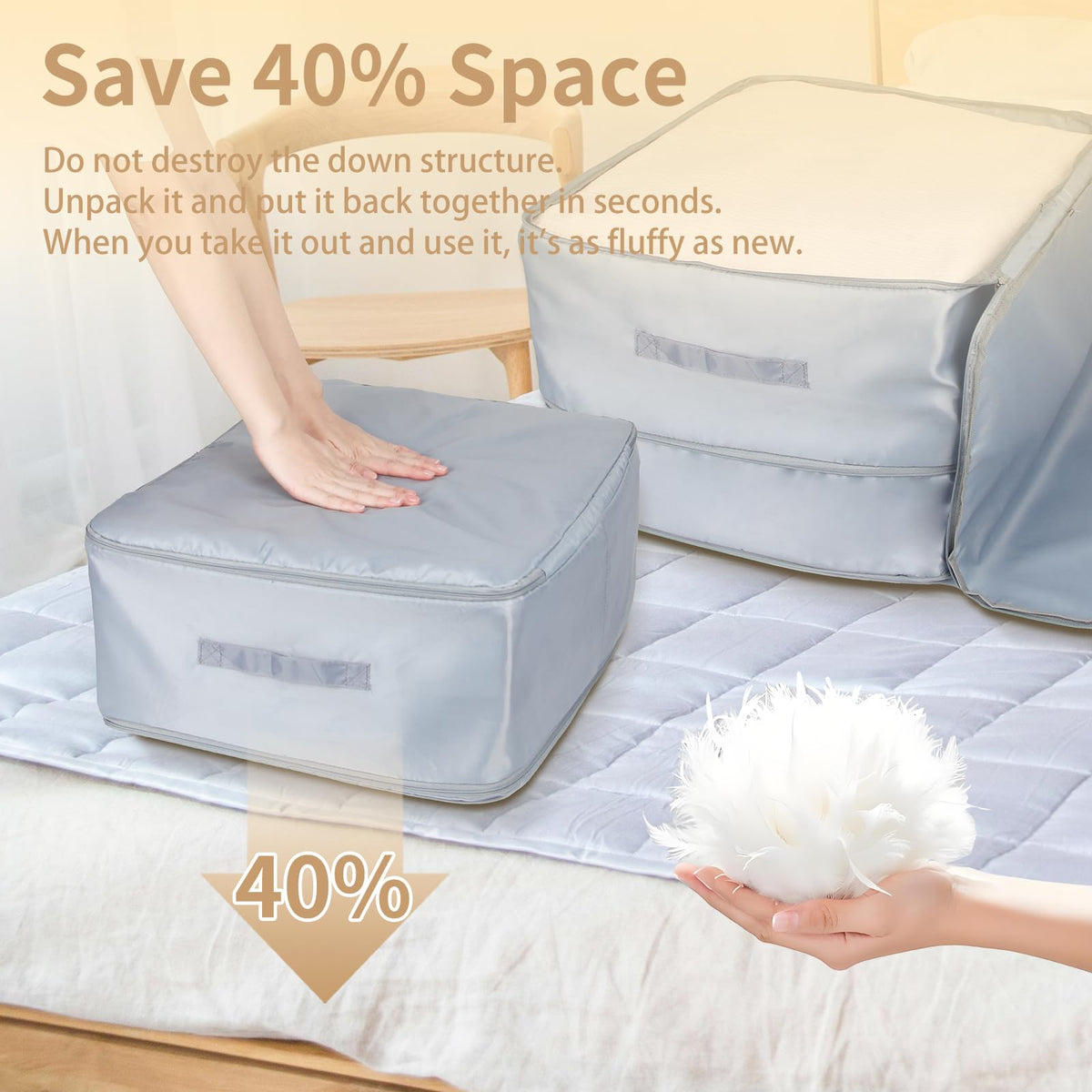Self-Compressing Storage Bag, Large Movable Duvet Organiser, Grey