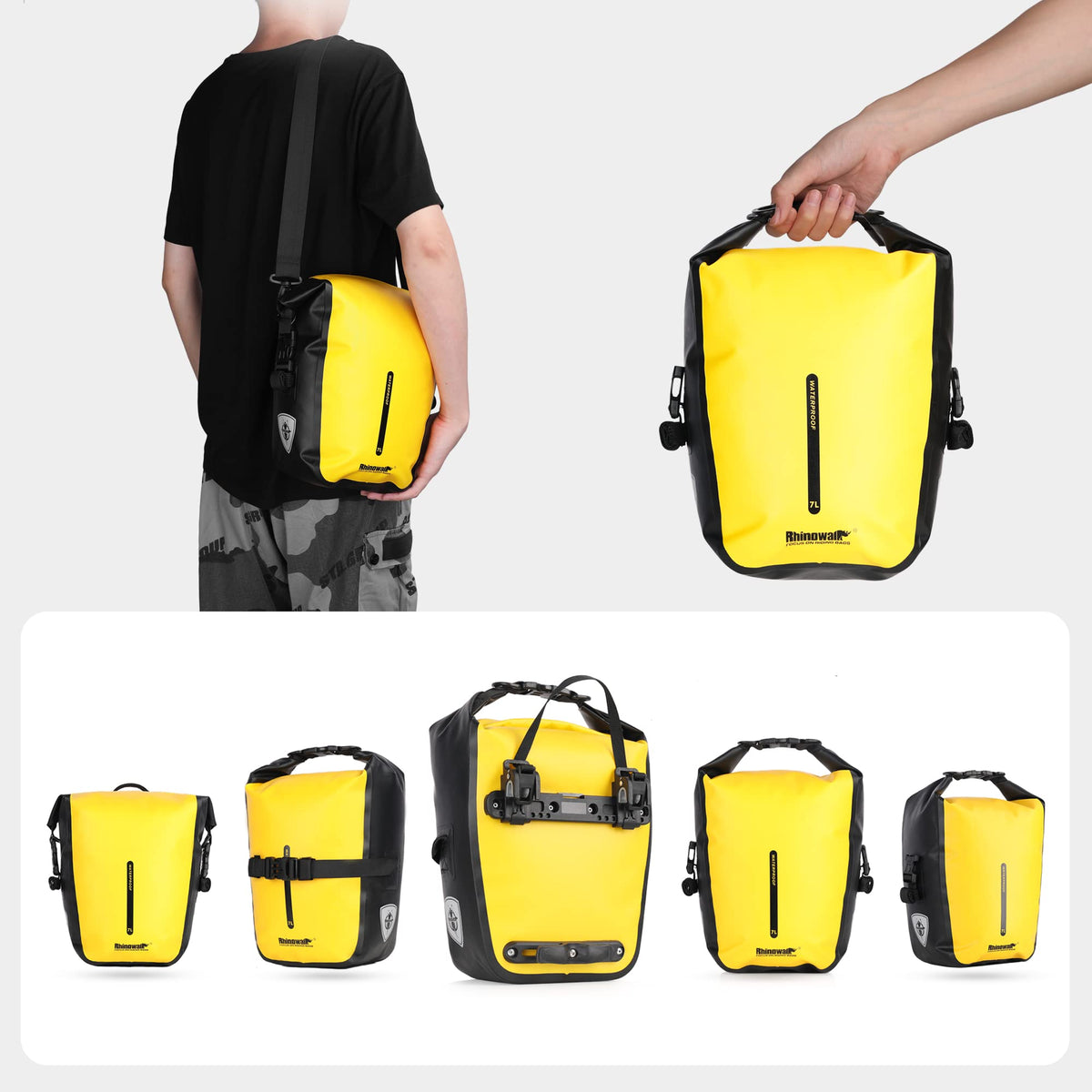 Rhinowalk Bike Pannier Bag 7L Waterproof Bicycle Rear Rack Bag with Shoulder Strap for Touring Cycling