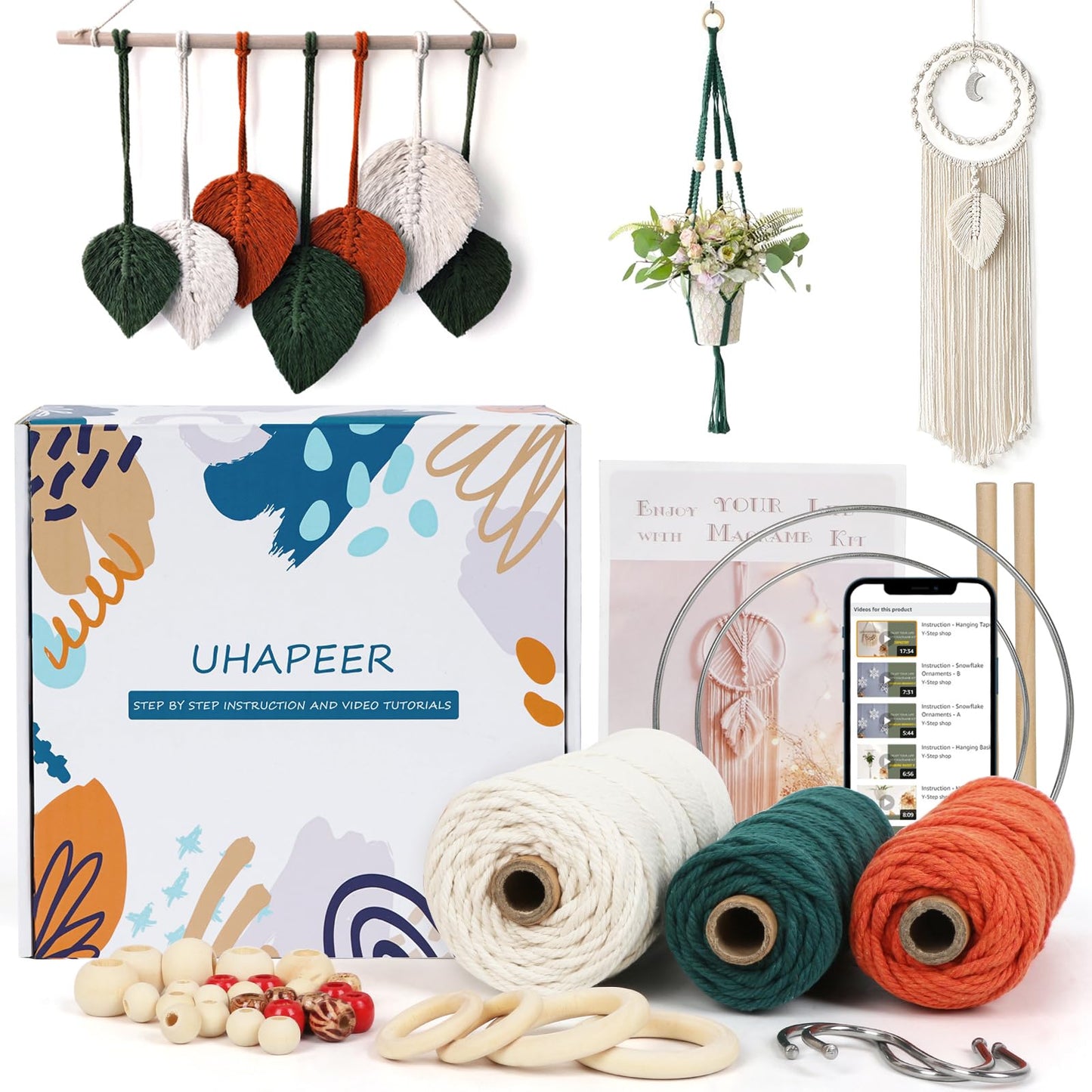 UHAPEER DIY Macrame Kit, 656 Feet Macrame Cord Kit for Beginners Adults with Instructions, Natural Cotton, Wood Rings, Wood Sticks, Colour Beads, Wall