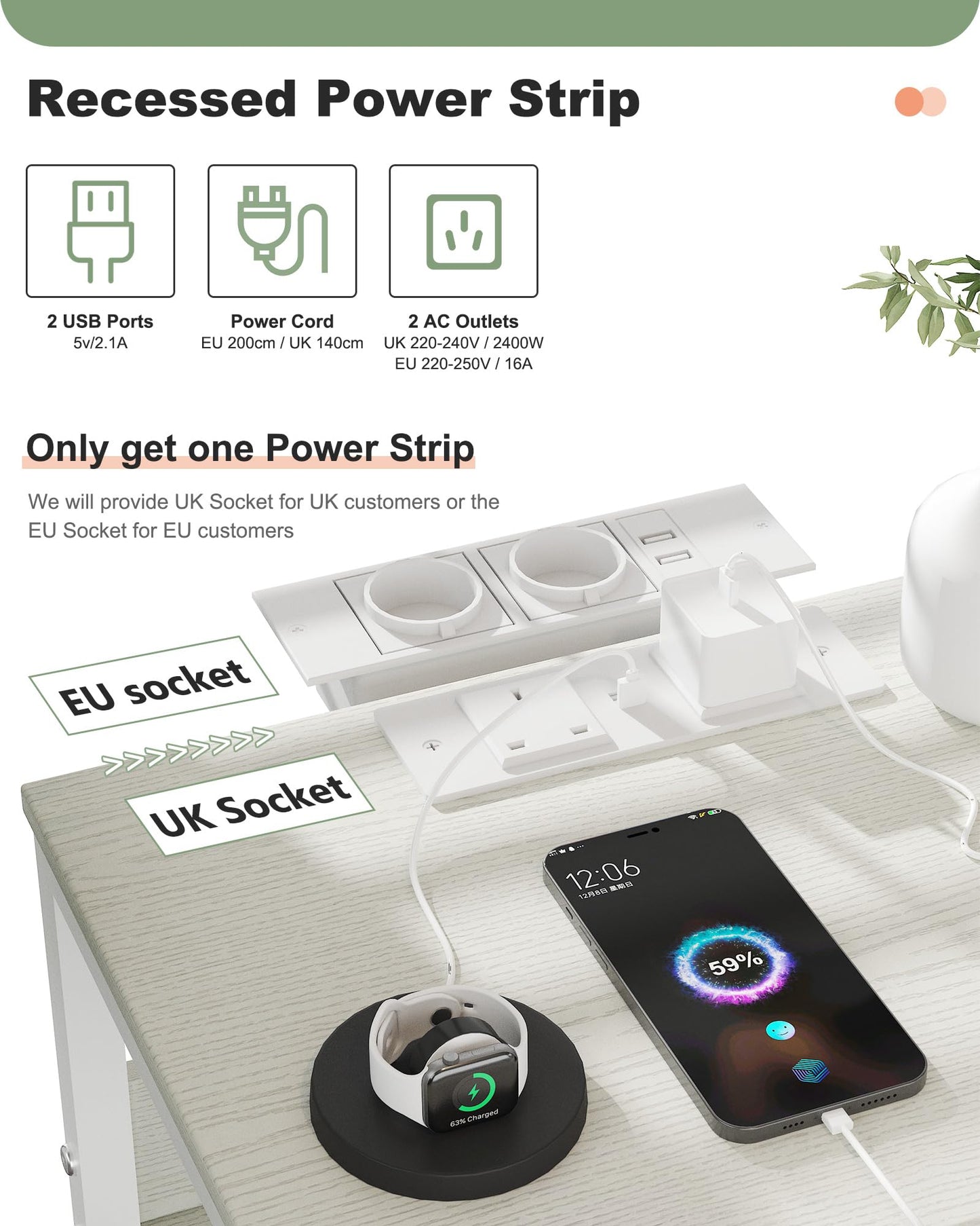 Lutown-Teen White Bedside Table with Charging Station & 4 Castor Wheels