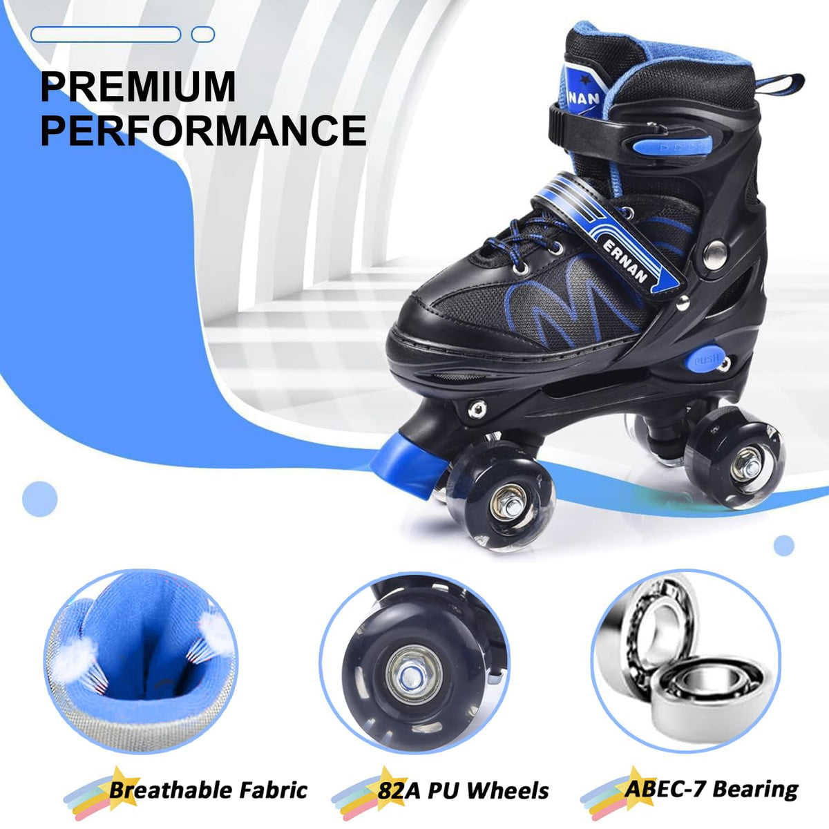 ERNAN Roller skates kids Roller boots,8 Light up Wheels and 4 Sizes Adjustable.Rollerskates for Kids Beginners, Suitable for Indoor Outdoor (BLUE, L)