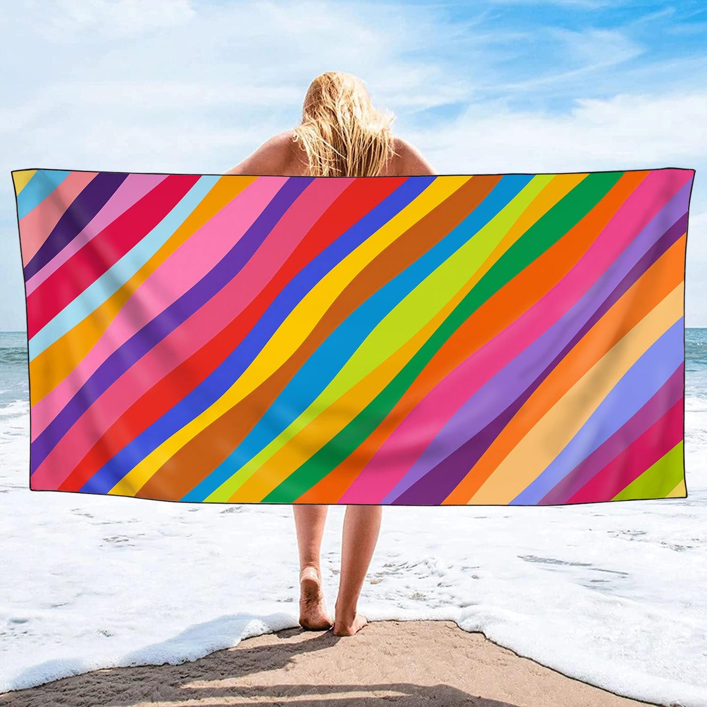 YISUMEI Colorful Rainbow Ripples Beach Towels for Adults Extra Large 180x90cm, Microfibre Quick Dry Towel for Travel Swimming Camping Sports