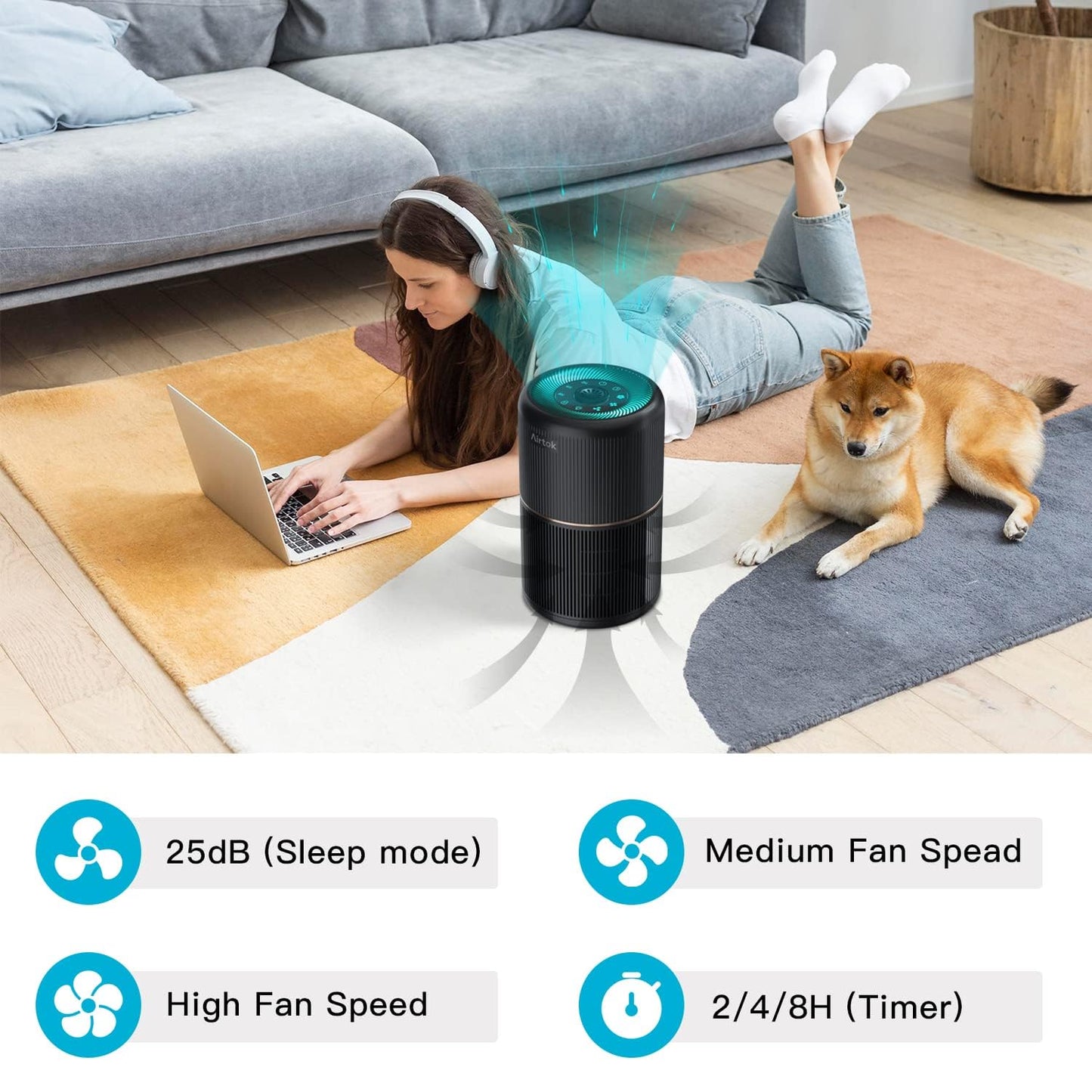 AIRTOK Air Purifiers, Air Purifier for Home Bedroom with Fragrance Sponges | 4 in 1 H13 True HEPA Air Filter 99.97% Remove Smoke Dust Pollen Pet