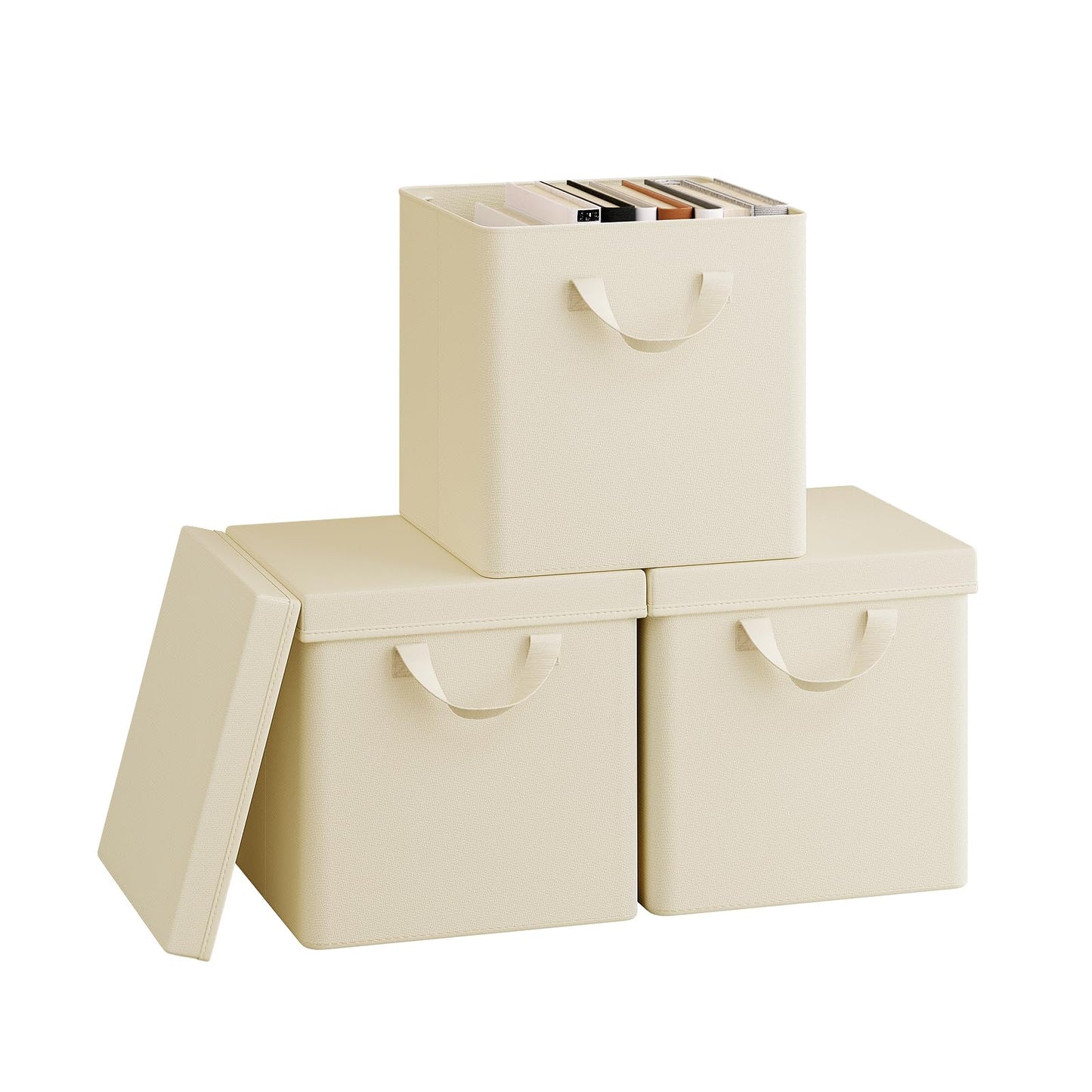 WOLTU Fabric Storage Boxes Set of 3, Folding Baskets with Lids, Handles, Metal Frame, Wardrobe Toy Organisers for Living Room, Bedroom, Office, Cream