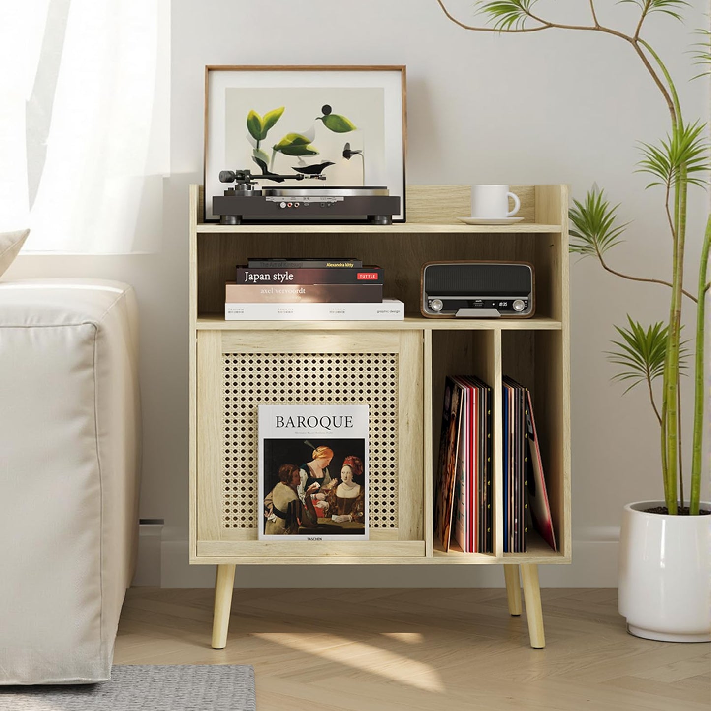 Kiasthome Vinyl Record Storage Cabinet, Large Record Player Stand with Open Shelf