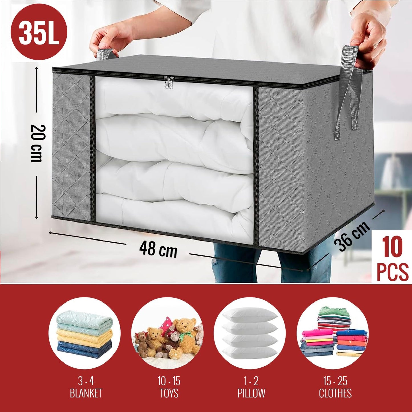 edihome, Clothes Storage Bag, (10 pieces), Wardrobe Organiser, with Reinforced Handles, Heavy Duty Cloth Pouches with Transparent Window
