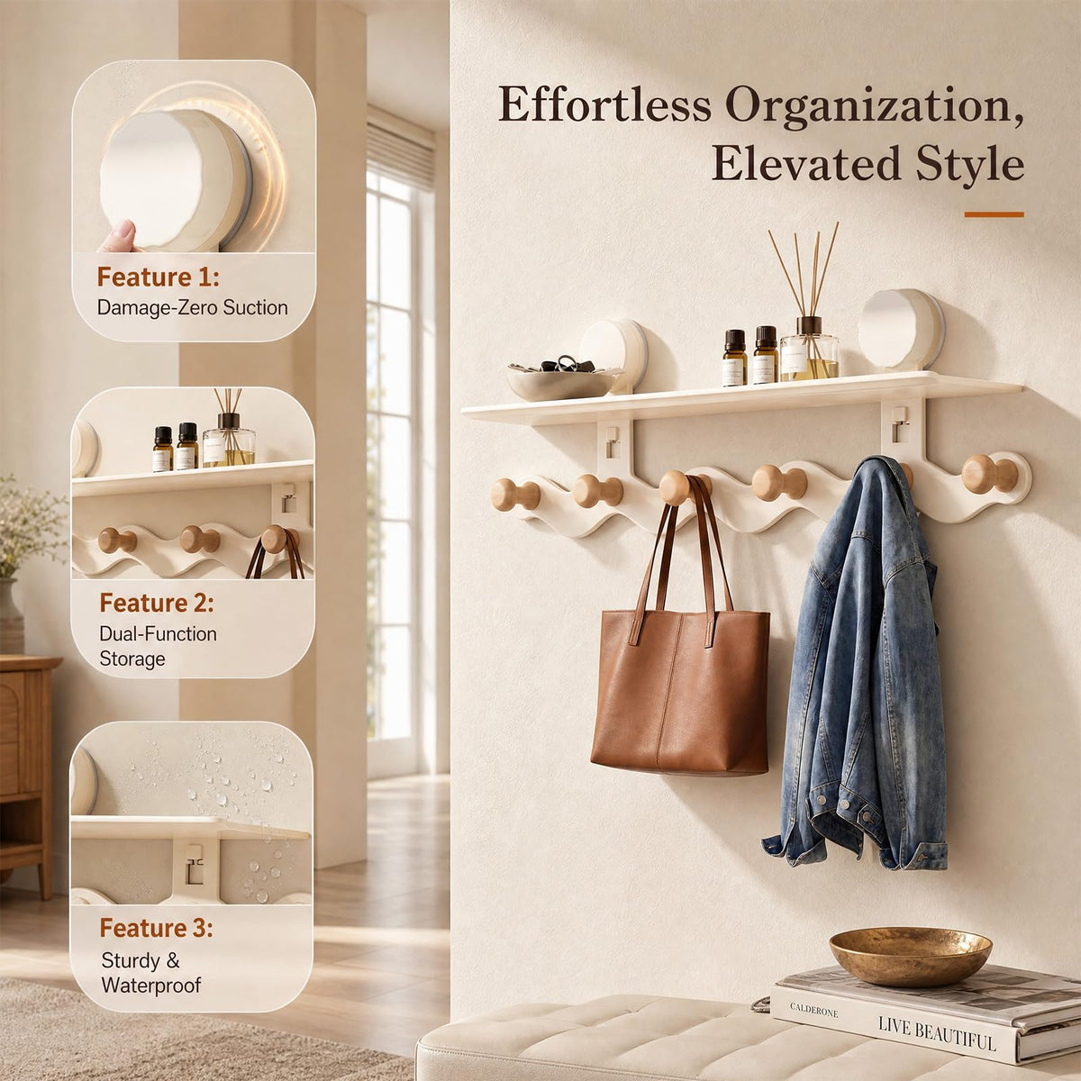 Coat Hooks Wall Mounted - Cream Coat Rack with Shelf & 6 Hooks, No-Drilling Suction Wall Mounted Jacket Hanger