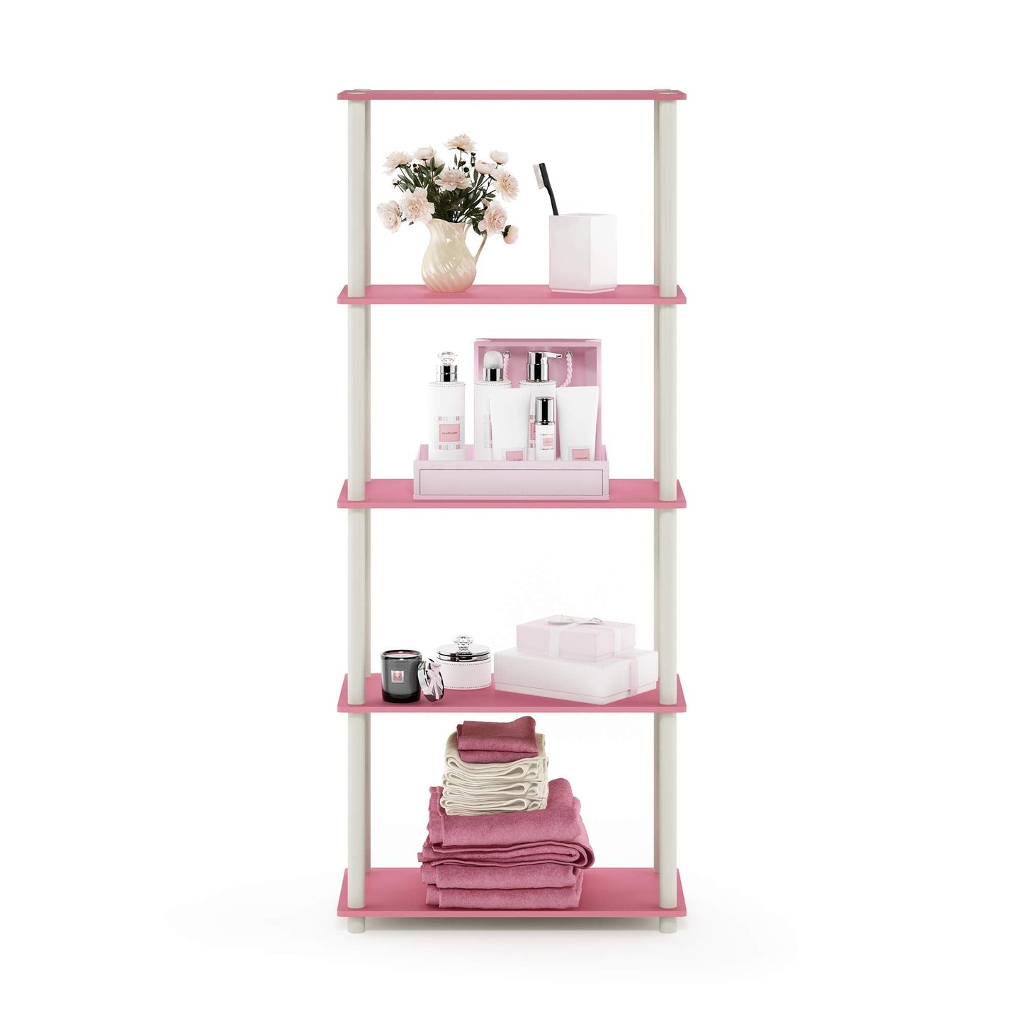 Furinno TURN-N-TUBE Toolless Assembly 5-Tier Storage Shelves, Pink Book Shelf, Open Storage Bookshelf, for Organization and Storage, Living Room