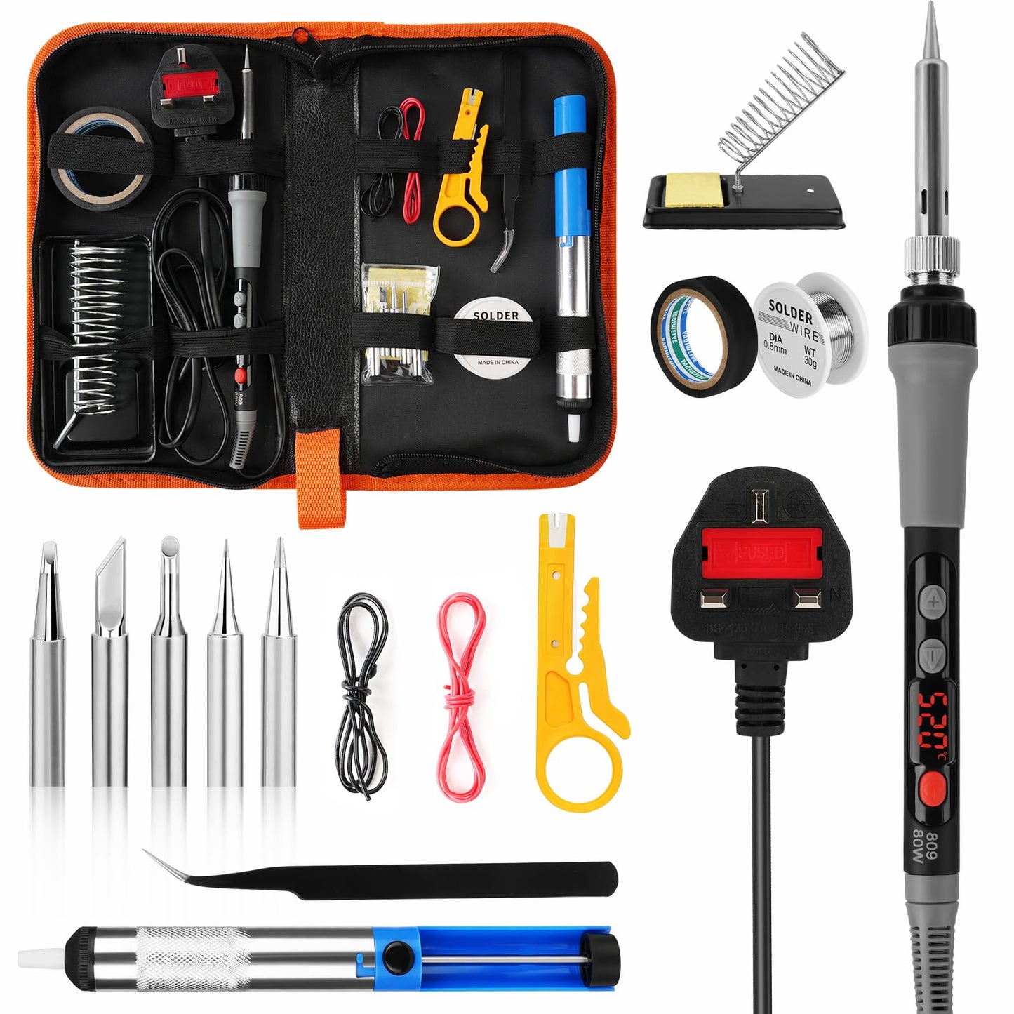 flintronic Soldering Iron Kit, 80W LCD Adjustable Temperature 180-520?C Welding Tools, 15 in 1 Digital Portable Soldering Iron with 5 Solder Tips,