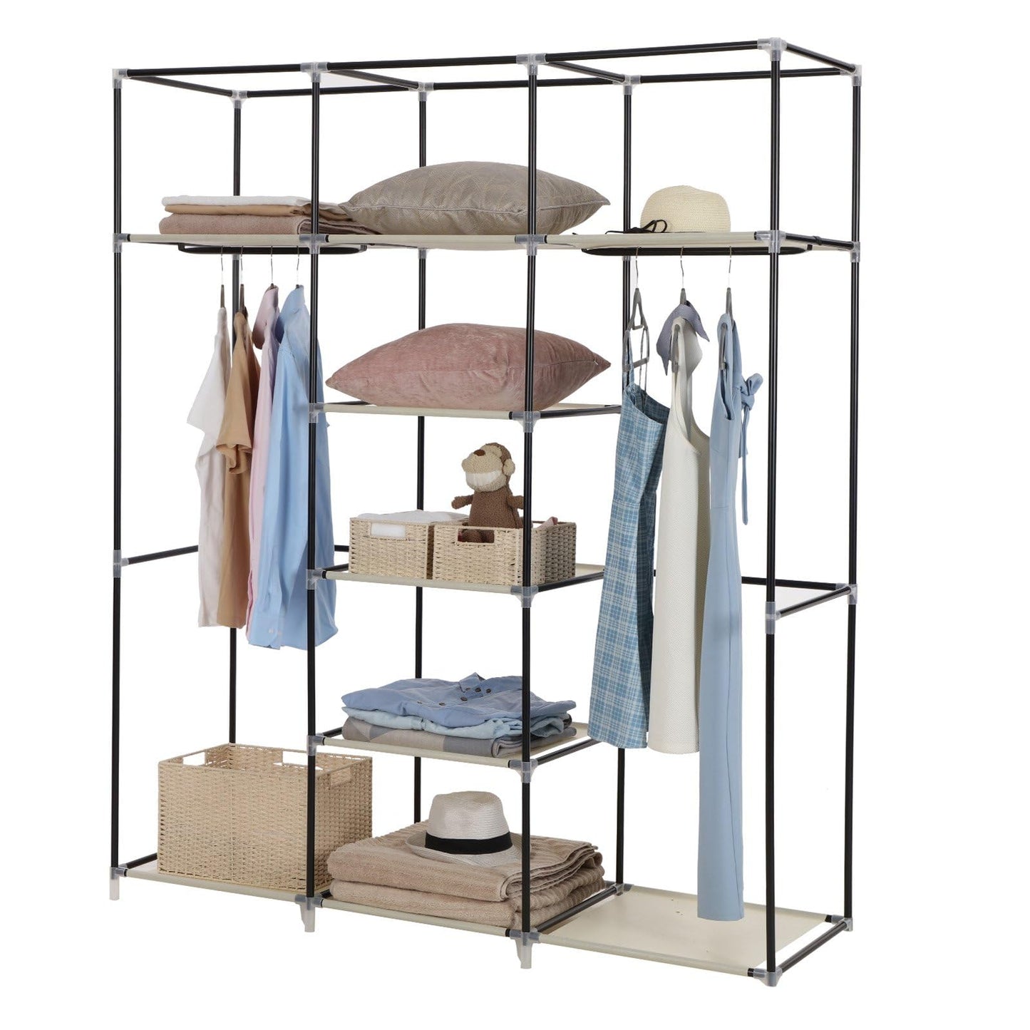 Songmics Folding Wardrobe, Fabric Closet, Foldable Wardrobe with 2 Clothes Rails, 175 x 150 x 45 cm, Beige RYG12M