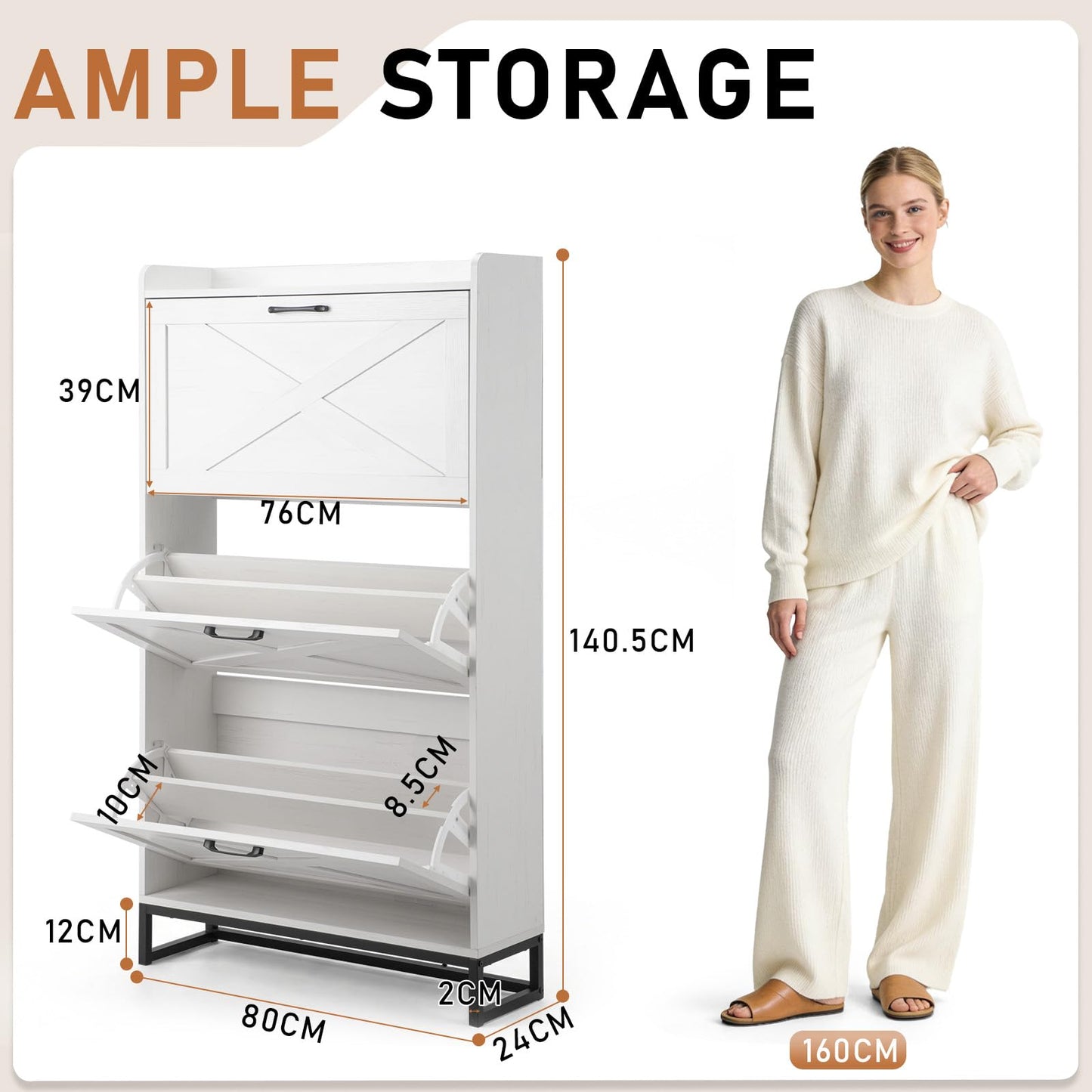 Bonnlo Barn Door Shoe Cabinet with 3 Flip Bins, High Capacity Shoe Storage, Adjustable Shelves & Anti-Tip Design (Distressed White)