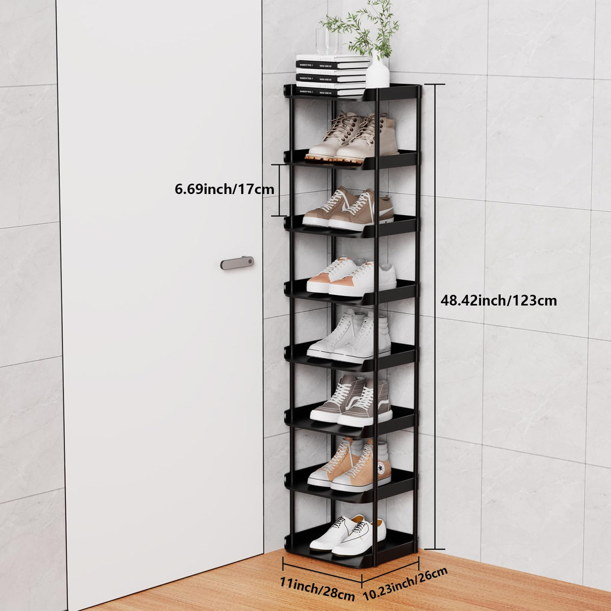 Altdnmaf 8 tier Narrow Shoe Storage Rack, Compact Single Shoerack Stand for Slim Space, Stackable Tall Thin Show Tower, Solid Plastic Shelves