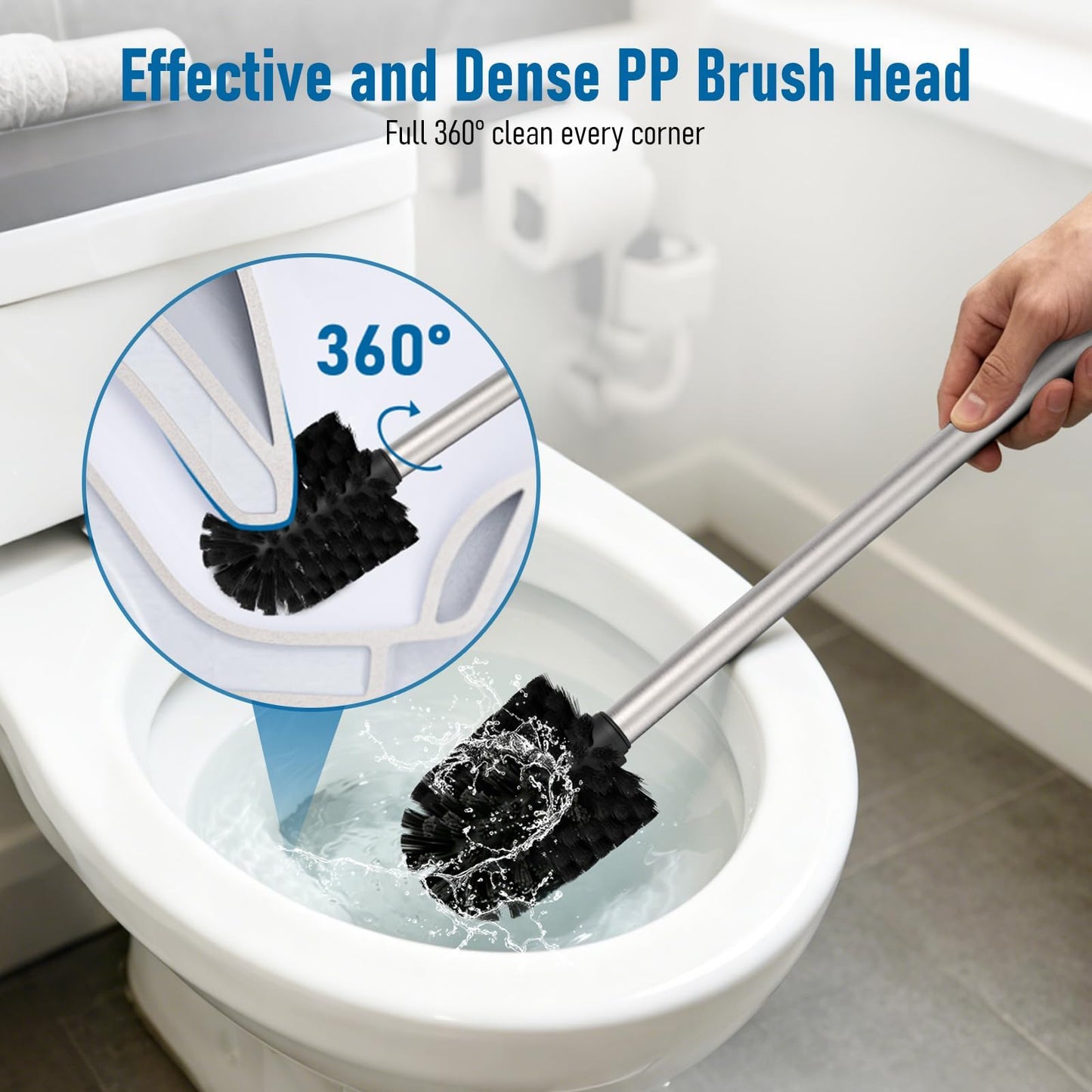 Mozmmhi Toilet Brush, Toilet Brush with 3 Replacement Heads, PP Toilet Brush Made of 304 Stainless Steel Handle for Bathroom Cleaning