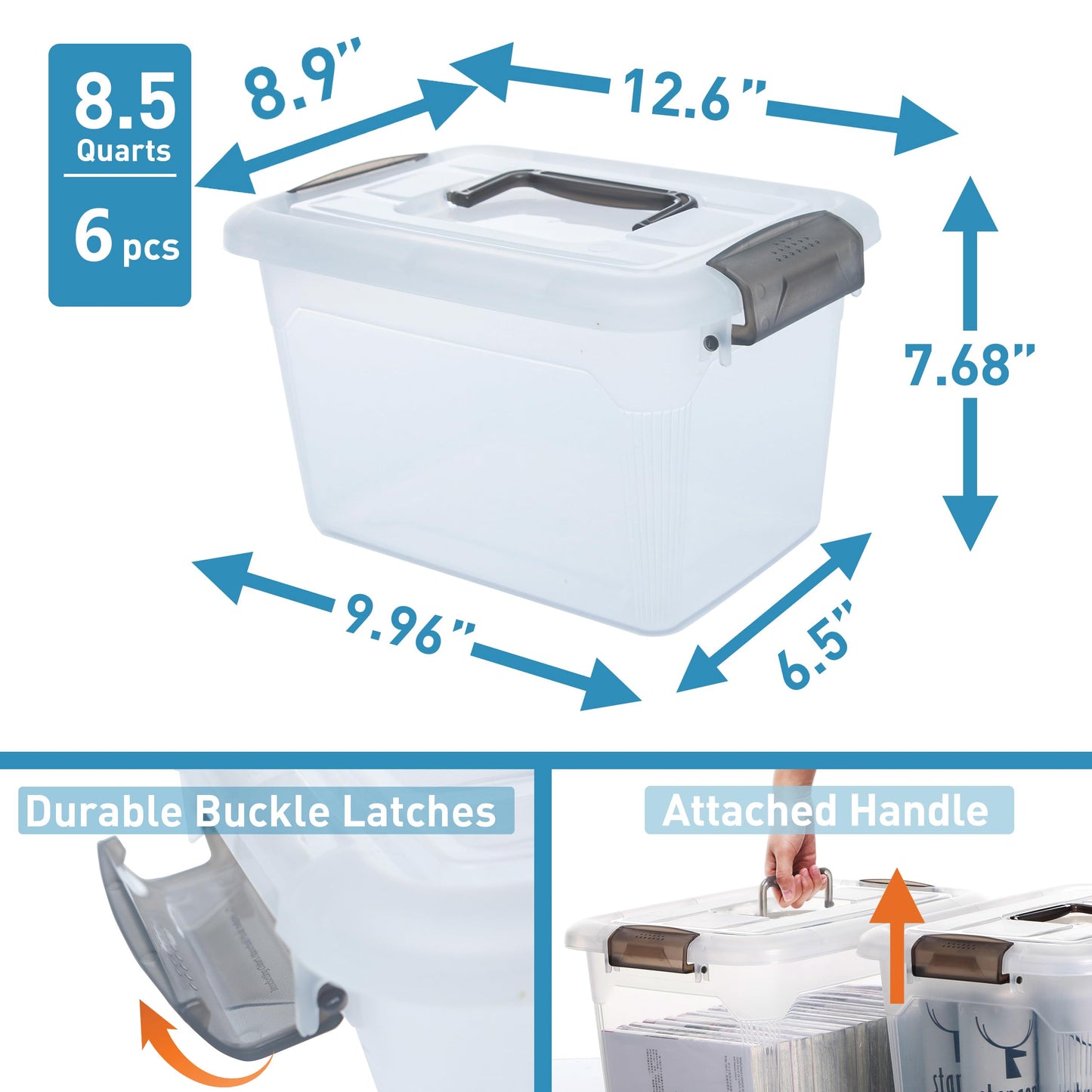 Citylife 6 Packs 8L Storage Boxes with Lids Clear Plastic Storage Box with Handle Stackable Storage Boxes, 31.5 * 22.5 * 19.5cm