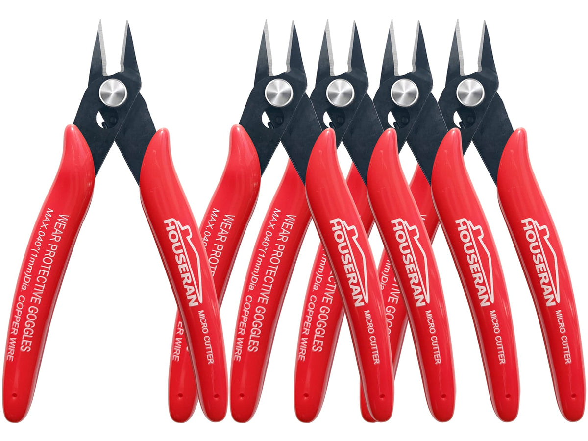 Small Wire Cutters, 5 Pack, 5 Inch Micro 170 Flush Cutter, HOUSERAN Wire Cutters Spring Loaded Cutting Pliers, Side Cutters, Diagoanl Cutters for