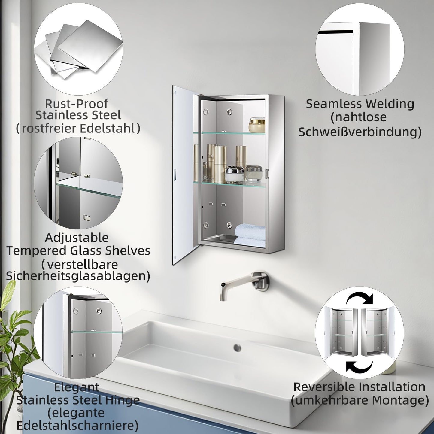 Fundin Bathroom Mirror Cabinet with Single Door, Adjustable Tempered Glass Shelves, Surface Mounted, 30cm W x 50cm H, Mirrored Finish