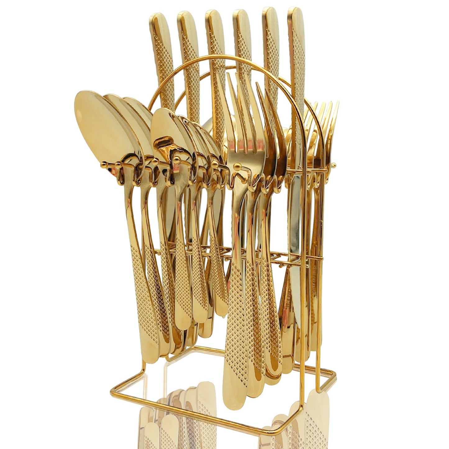 Gilded Silverware Set, 24 Piece Cutlery Set with Holder, Service for 6, Mirror Polished Tableware Set for Home Kitchen, Dishwasher (Gold)