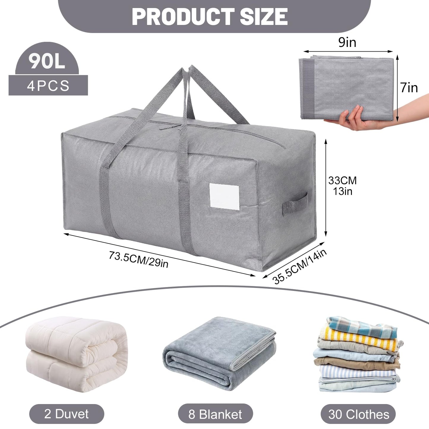 Dntorx 6 Pack 90L Moving Bags With L Zips, Heavy Duty Storage Totes, Grey