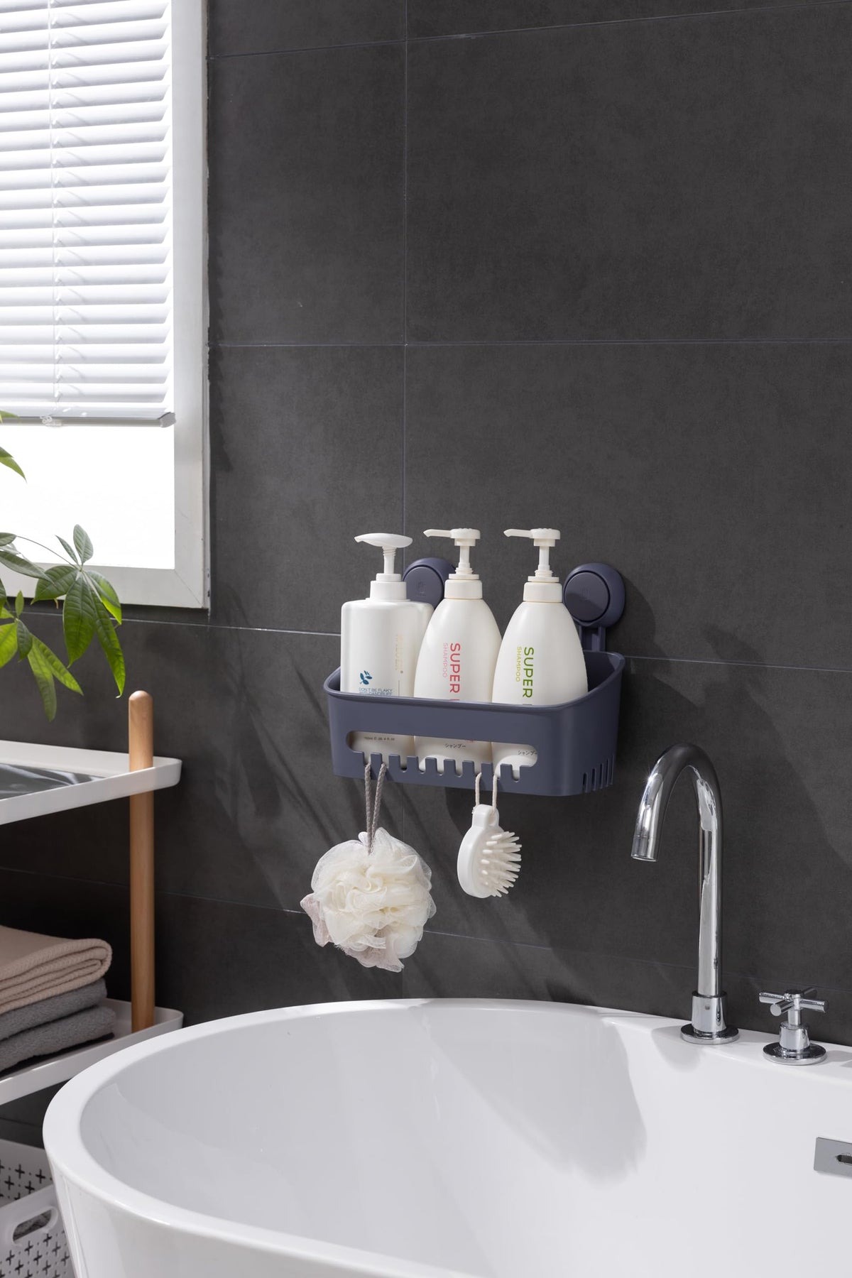 Zuvo No-Drill Shower Caddy with Suction Cups?Adhesive-Free Bathroom Shelf for Shampoo, Soap, Toiletries?Space-Saving Organiser (Grey)