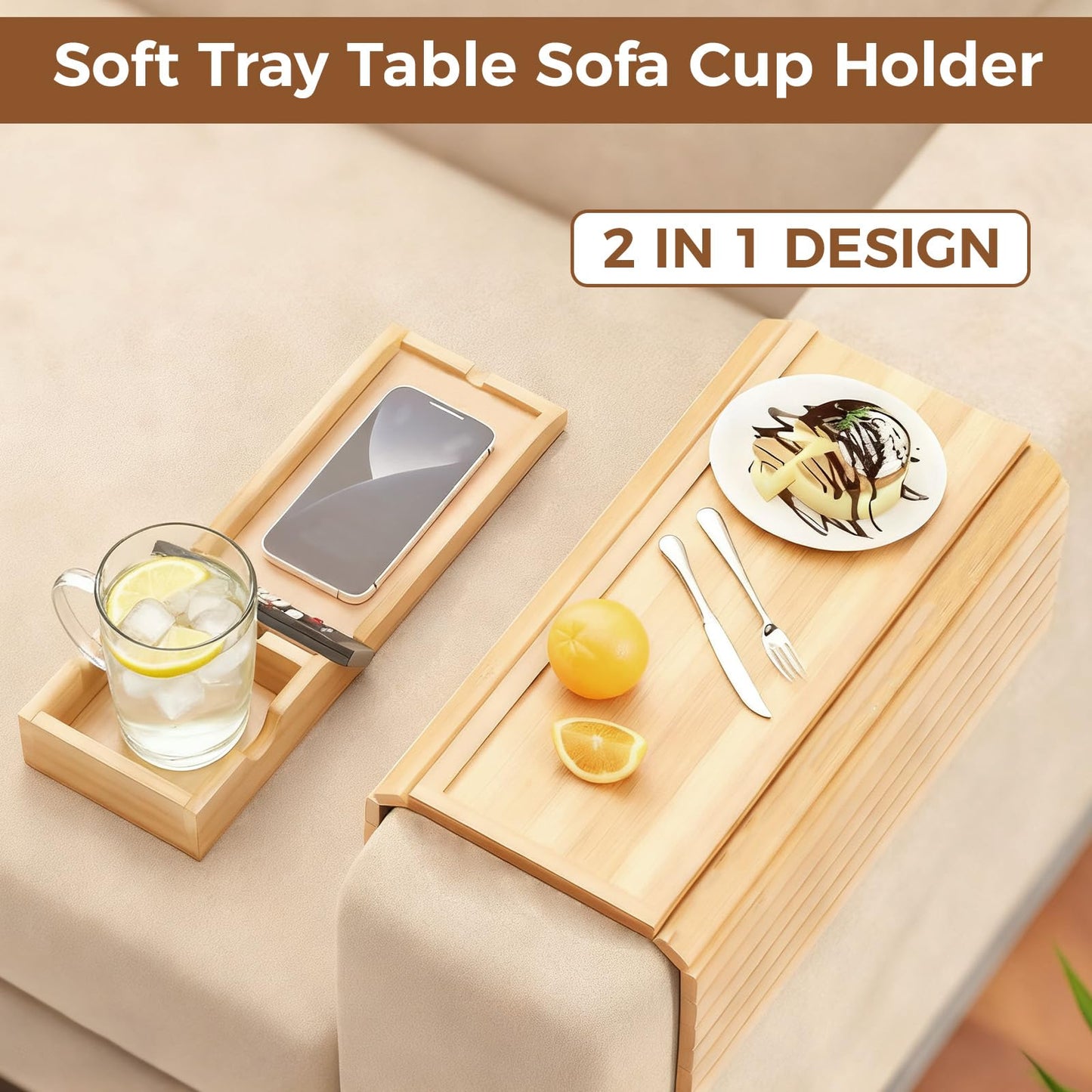 Refein Sofa Arm Tray with Cup Holder - 2-in-1 Foldable