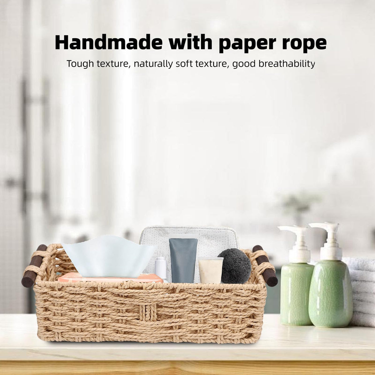 YUEHISY Toilet Paper Basket, Paper Rope Storage Bin with Wooden Handles, Bedroom Shelves and Countertop, Ideal Present for Friends or Family