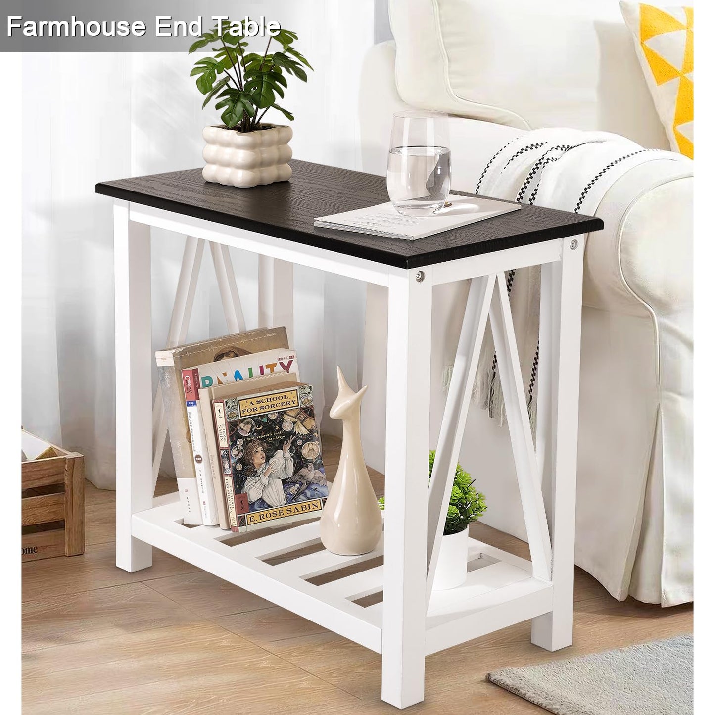 FEUFOAM Farmhouse End Side Table Wood Frame Narrow Side Table with Shelves Black White Rectangular Night Stand Sofa Table for Couch, Small Spaces