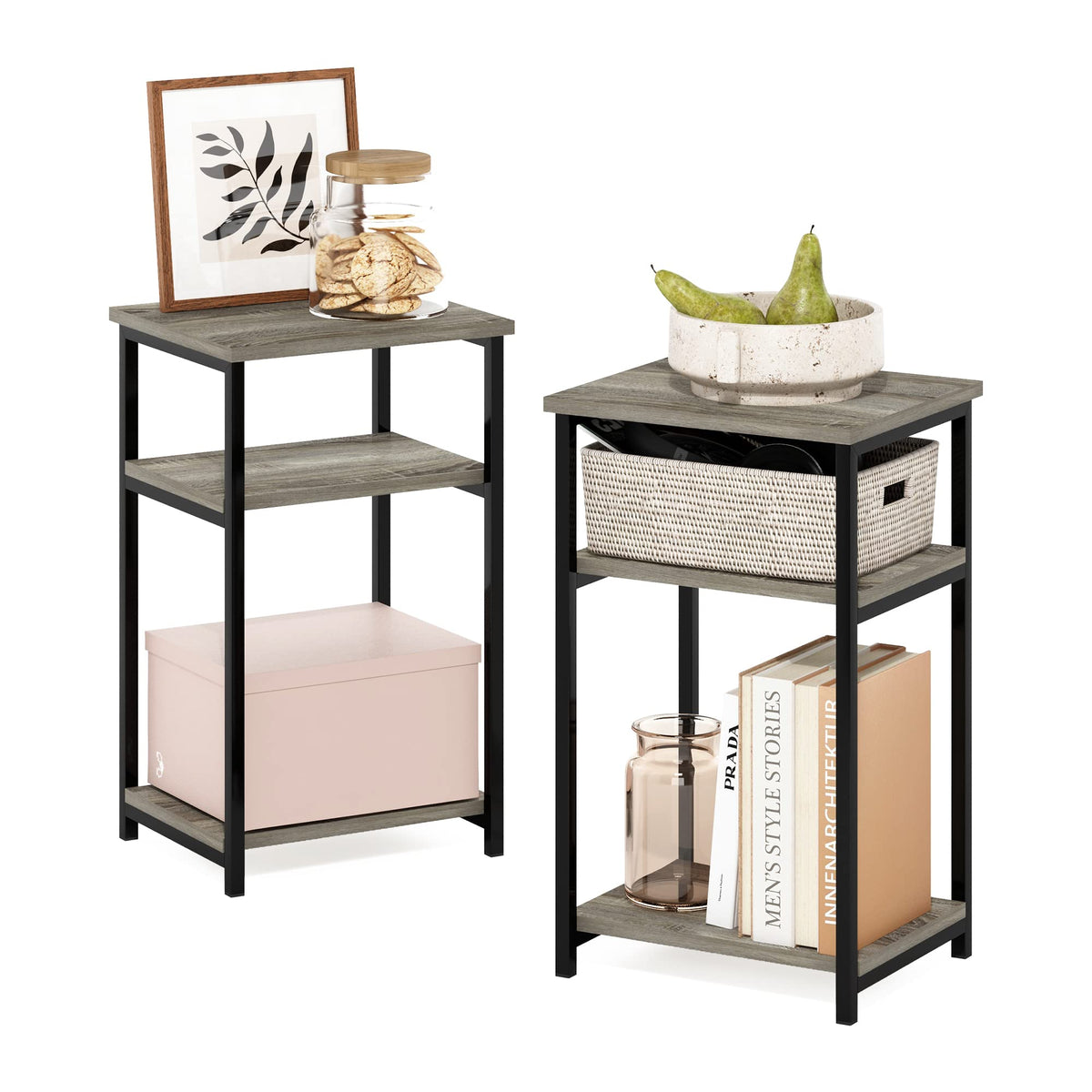 Furinno JUST Side Table Set of 2, 3-Tier Metal Frame End Table with Open Shelf, Night Stand, Bedside Table, for Living Room, Bedroom, French Oak