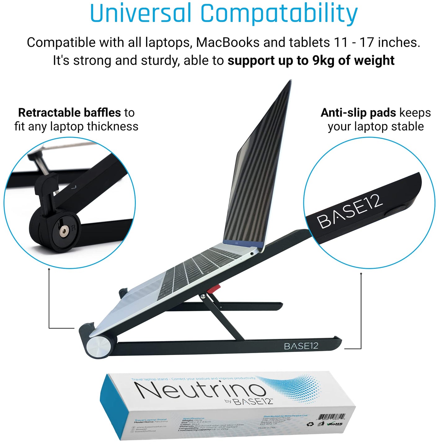 BASE12 Laptop Stand, Portable Foldable Notebook Stand for Desk, Ergonomic Angle Adjustable Laptop Riser Compatible with PC, MacBook, Tablet 11-17”