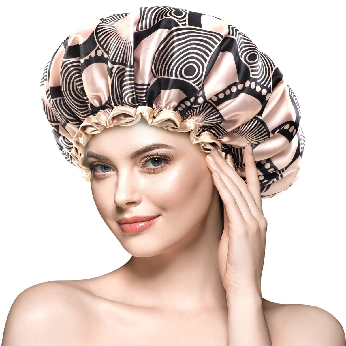 mikimini Large Shower Cap for Women, Reusable Waterproof Bath Hat for Ladies, Suitable for Long Thick Hairs, Elegant Champagne Shower Caps add a Touch