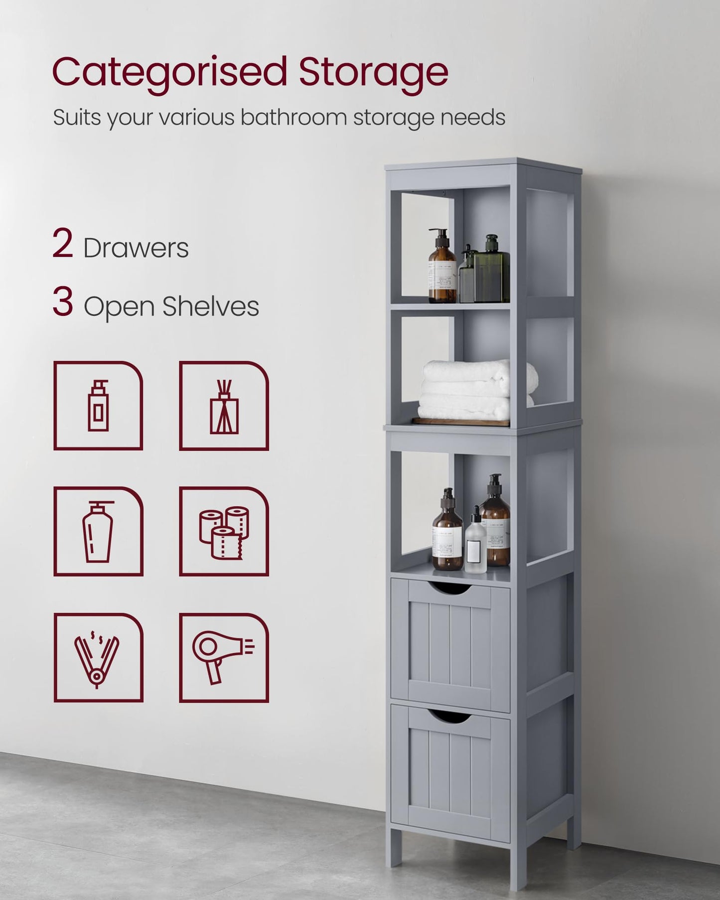 VASAGLE Bathroom Floor Cabinet, Freestanding Bathroom Storage Unit, with 2 Drawers, 3 Open Compartments, for Bathroom, Living Room, Kitchen, Modern