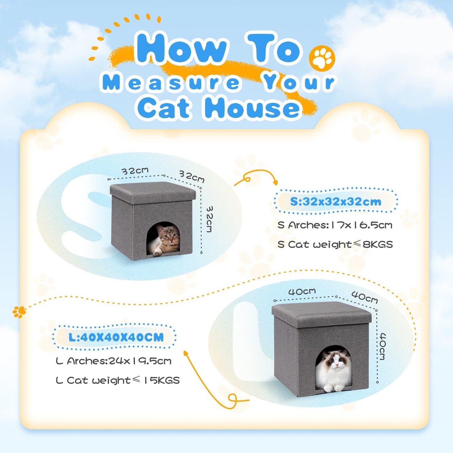 Bonlife Cat House Ottoman,Folding Cat Cave Beds for Indoor Cats,Winter Pet Kennel with Washable Pad,Footstool Seat with Lid,40x40x40cm,Grey