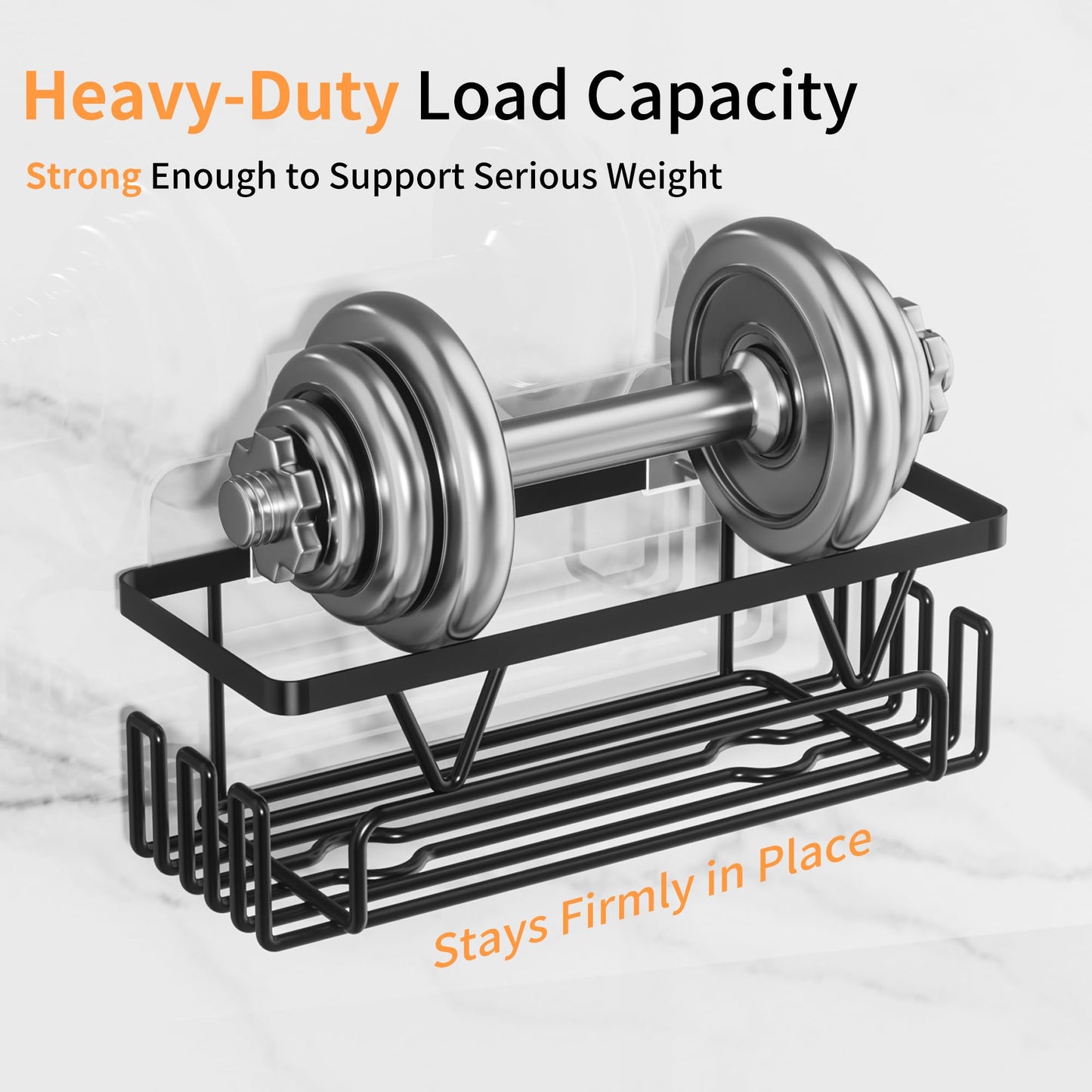 KEGII Adhesive Shower Caddy - Black Stainless Steel No Drill Shower Storage Shelves with Soap Holder & Hooks