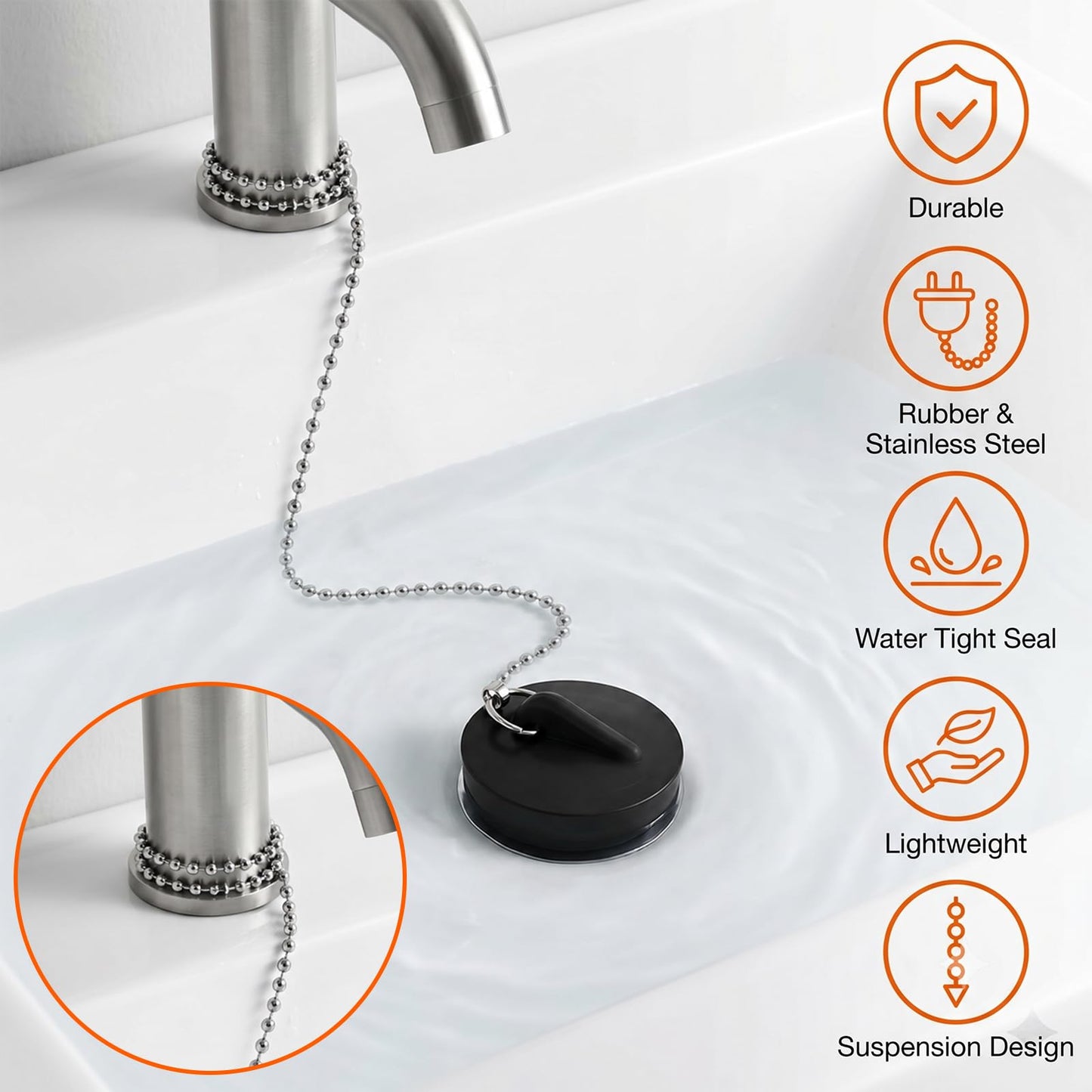 Guttiuaa 7 Pcs Kitchen Plug for Sink, Universal Bath Replacement Rubber Stopper Plugs with 40cm Metal Chain for Bathtub and Sinks