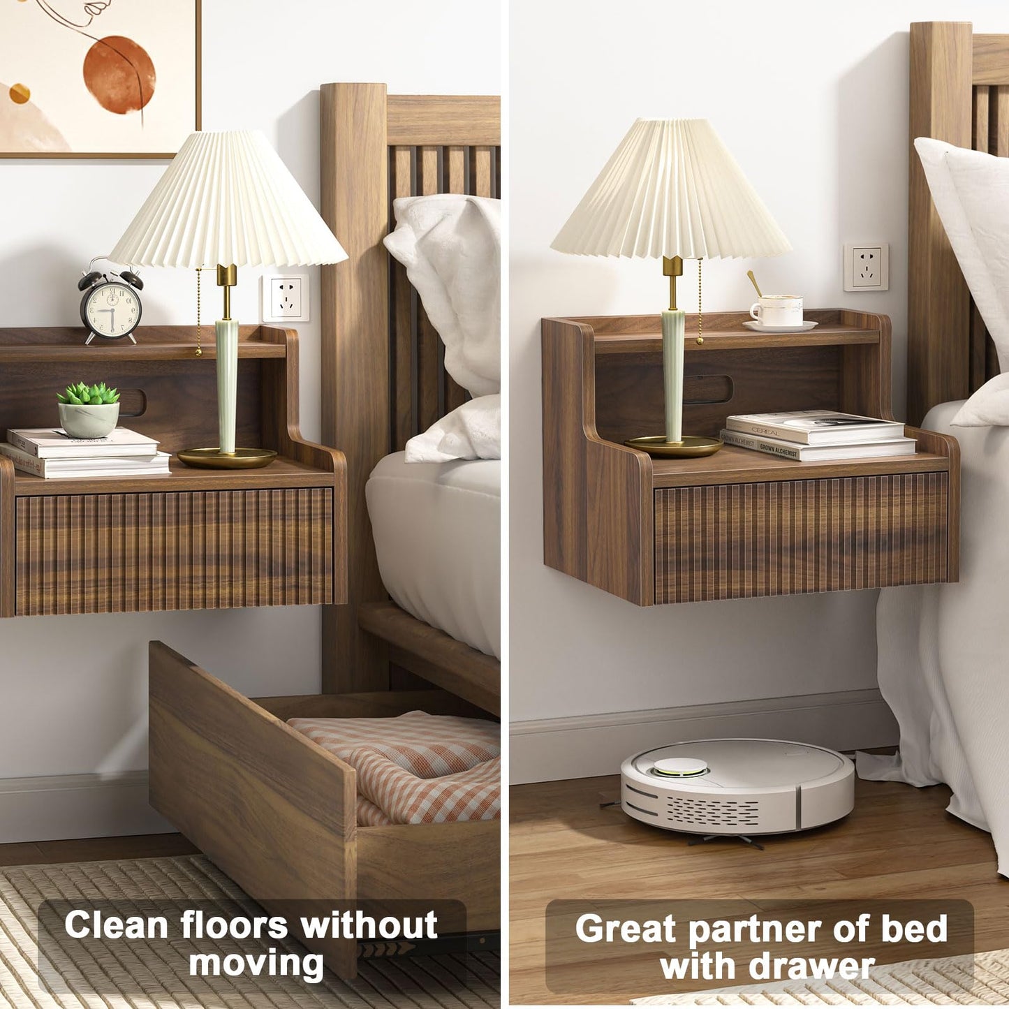 Skokliz Floating Bedside Table Set of 2, Wall Mounted Nightstand with Drawer and Open Shelf, Walnut Side Table Bedroom