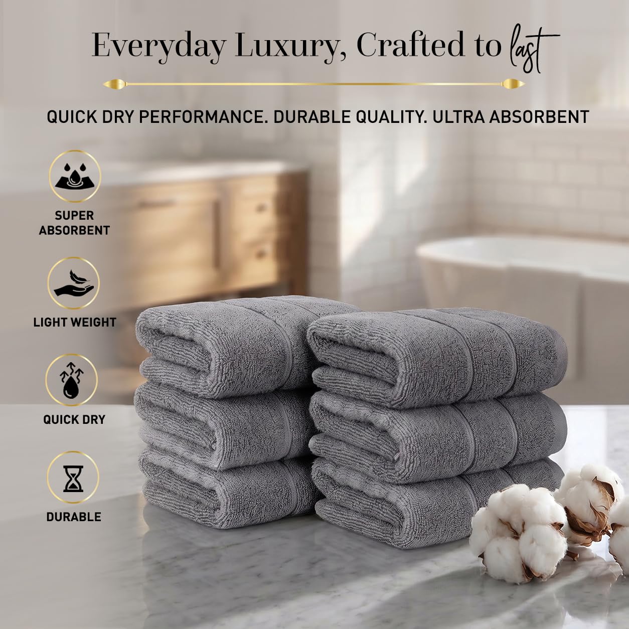 Bathroom Hand Towels 6 Pc Set I Lightweight I Quick-dry I OEKO-TEX I Grey