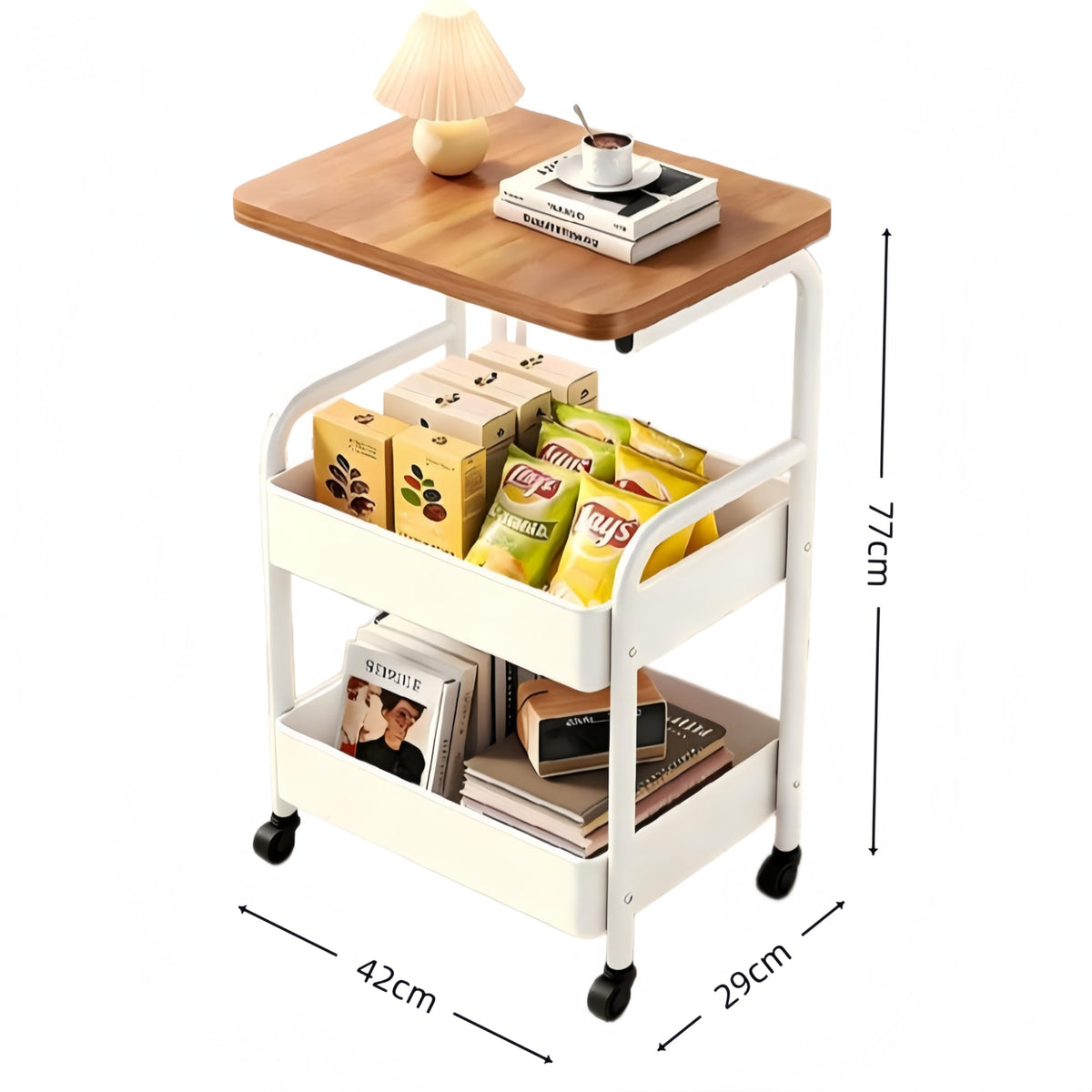 3-Tier Trolley on Wheels,with Wooden Shelves and Metal Baskets White