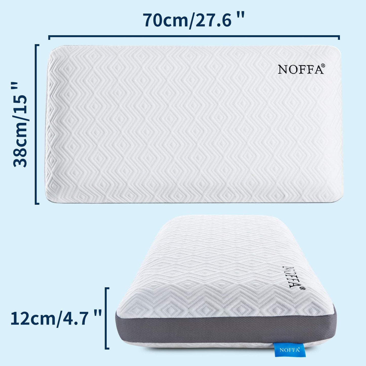 NOFFA Flat Soft Memory Foam Pillow for Neck Support, Ortopedic Pillow for Sleeping, Side Back Sleeper Soft Support Cervical (70 x 38 x 12 cm)