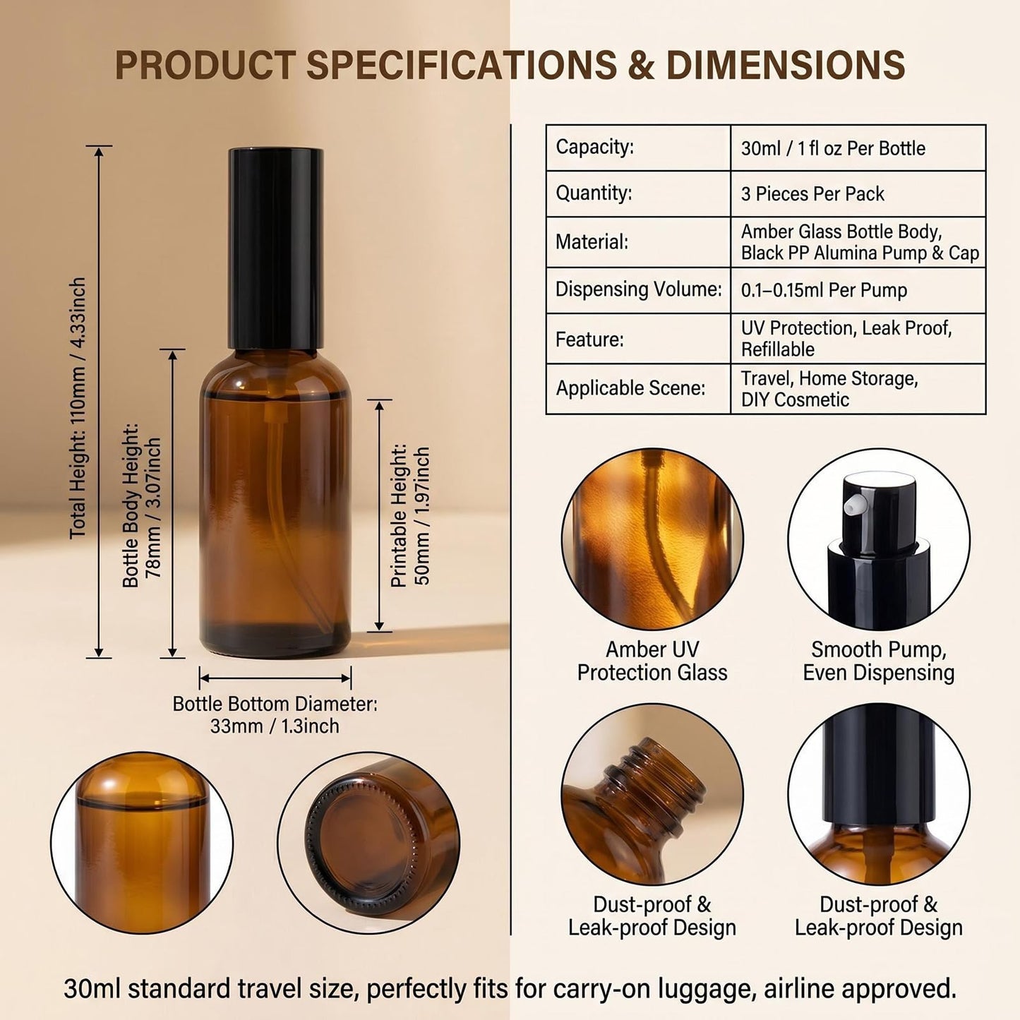 ASTRQLE 3Pcs 30ml/1oz Empty Amber Glass Lotion Pump Dispenser Bottles