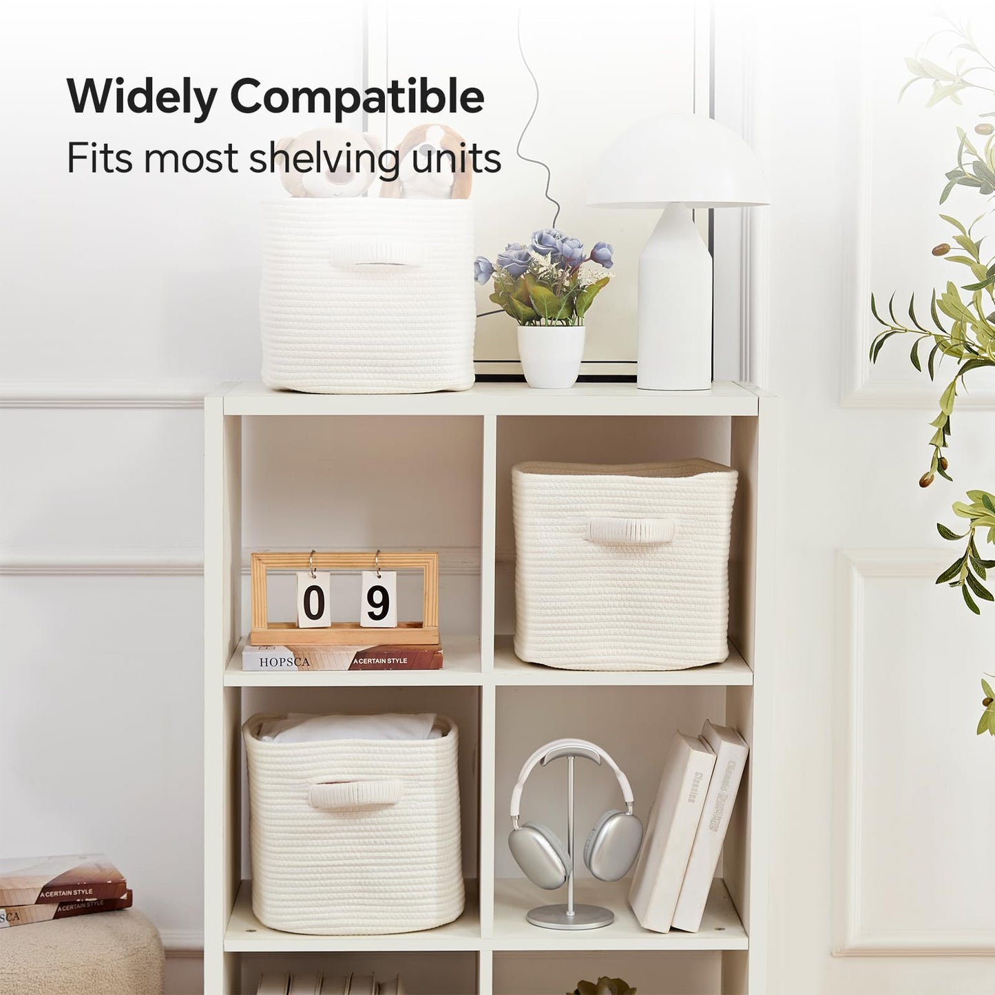 Mangata Set of 4 White Cotton Rope Cube Storage Baskets with Handles, 30x30x27cm, Woven Organisers for Shelves, Bathroom, Bedroom