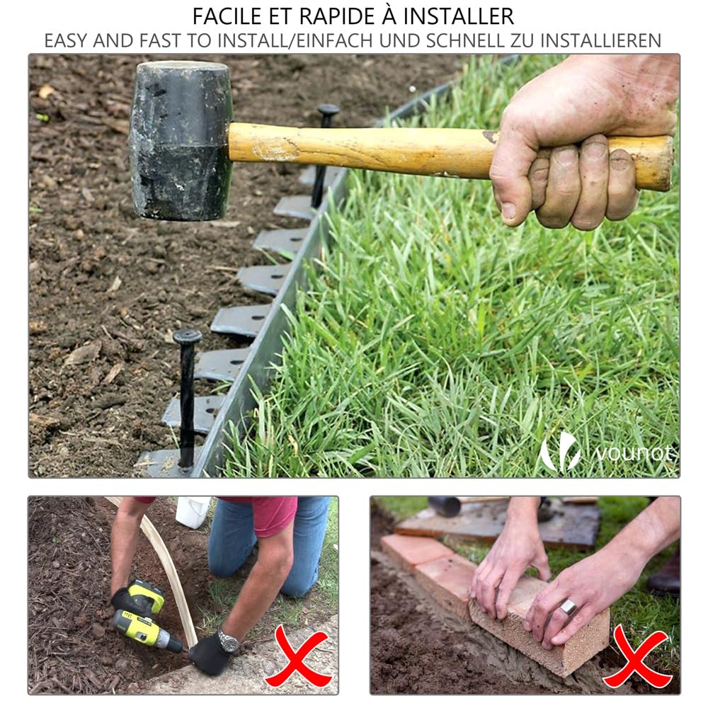VOUNOT 20m Flexible Lawn Edging, Plastic Garden Edging Border with 60 Strong Securing Pegs, Height 5cm, Grey