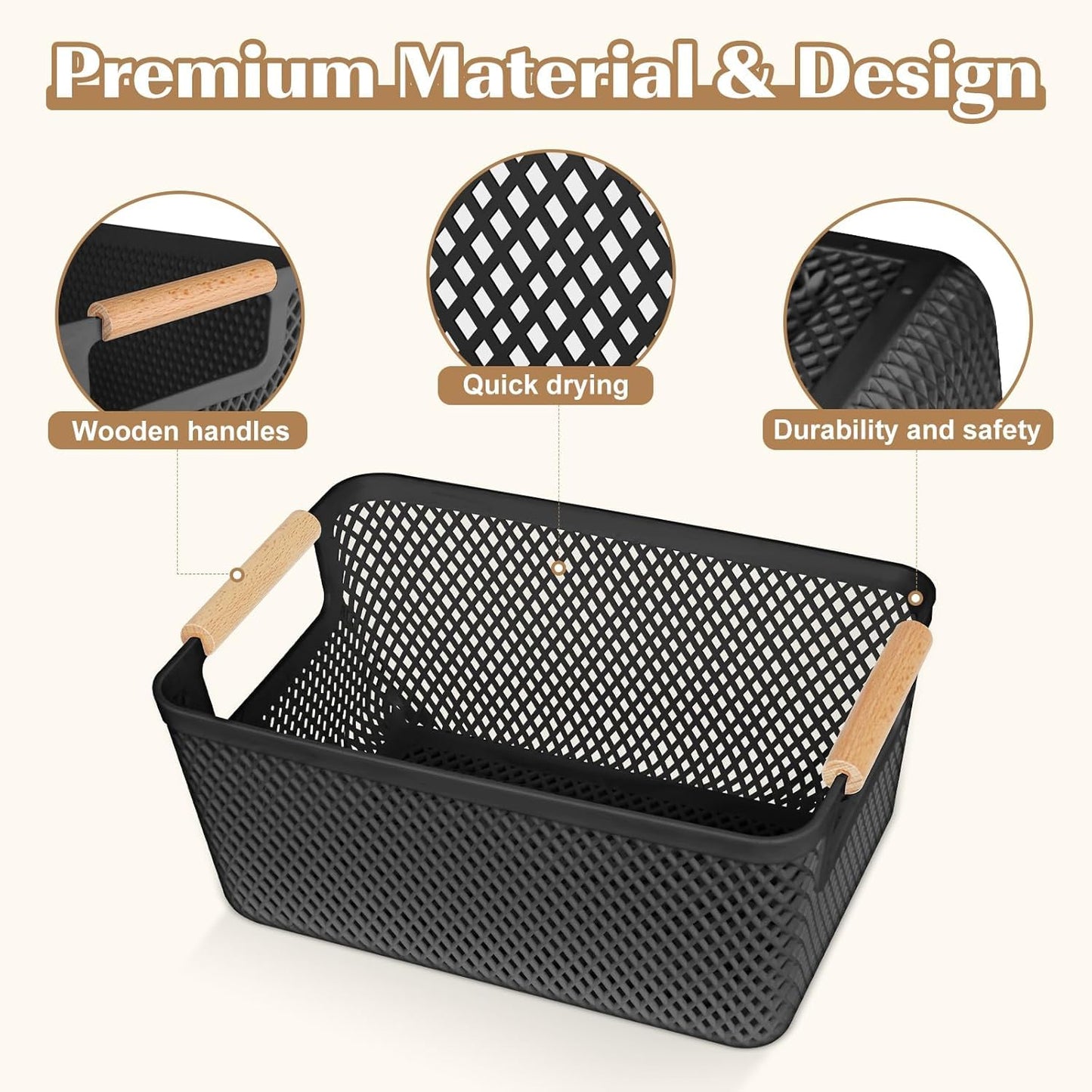 6 Pack Black Plastic Mesh Storage Baskets, Storage Box with Wooden Handles