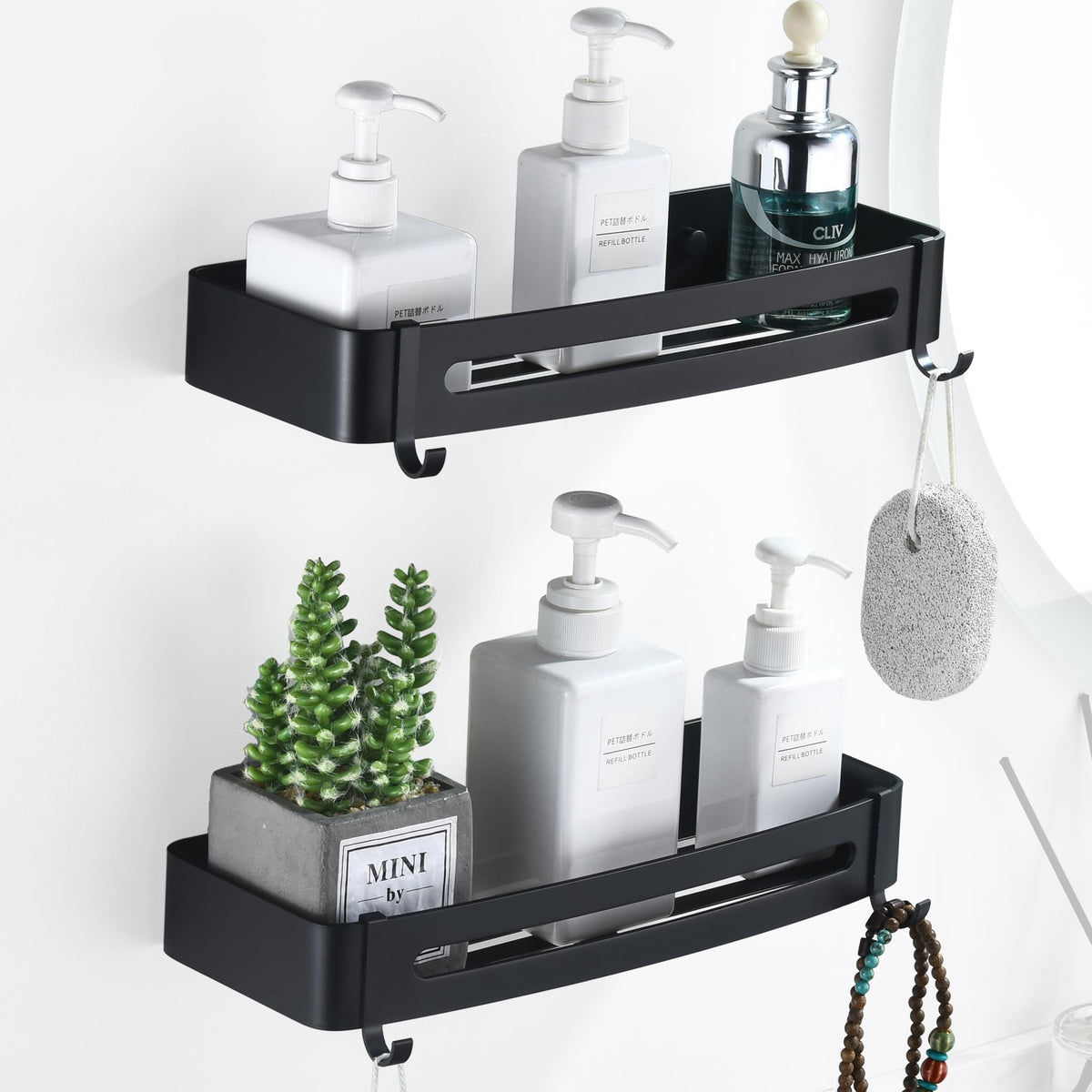 HNVNER Black Shower Caddy, 2 Pack, Adhesive Shower Shelf No Drilling, Bathroom Wall Shelves in Aluminum with 4 Hooks, Storage Holder for Shampoo,