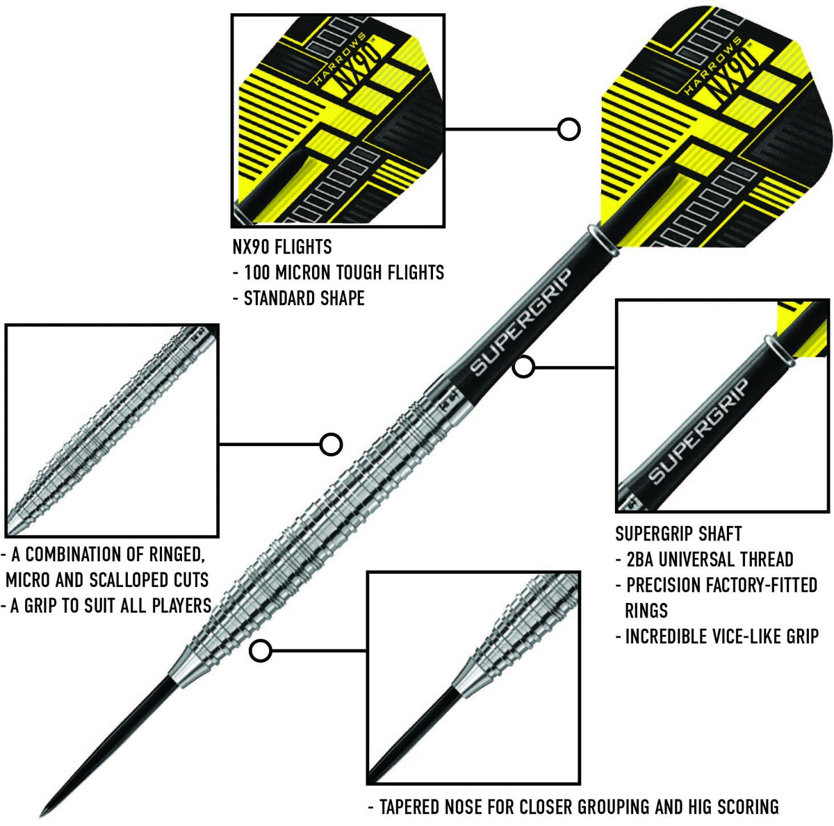 Harrows NX90 90% Tungsten Steel Tip Darts Set 21g, 22g, 23g, 24g, 25g & 26g - Includes Black Supergrip Midi Shafts & Micron NX90 Flights (22g)