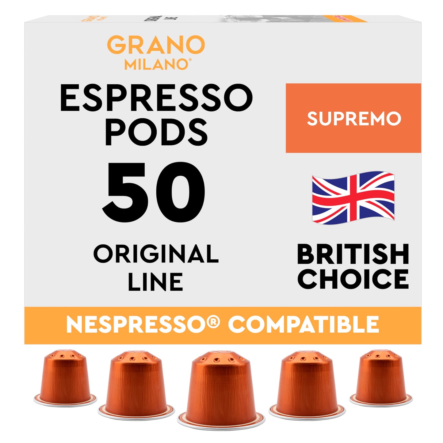 New Grano Milano Supremo Coffee Capsules - 50 Aluminium Coffee Pods Compatible with Nespresso Original line, 100% Arabica Medium Roast - Intensity