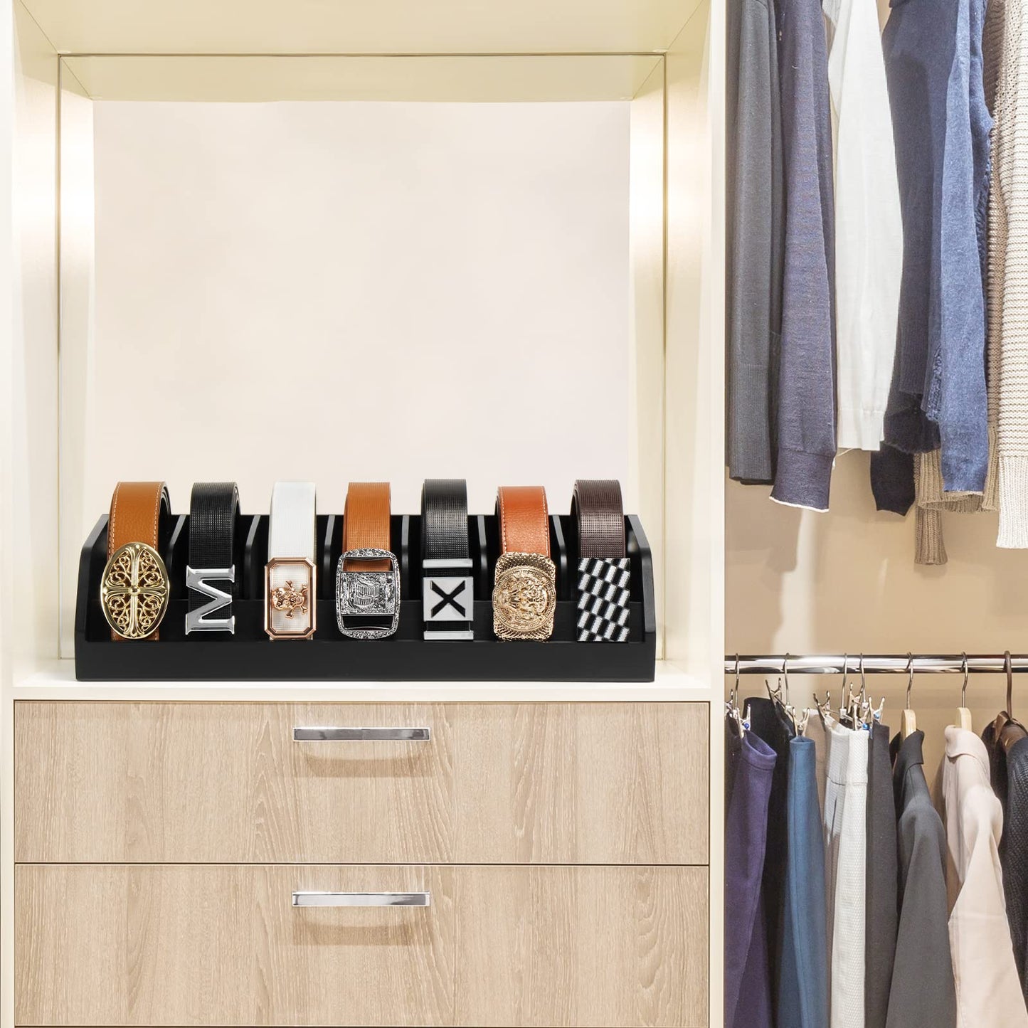 B4Life Belt Organizer-Father's day gift, 7 Compartments Belt Display Rack for Men, Bamboo Belt Holder for Closet and Drawer, Belt Display Case Belt