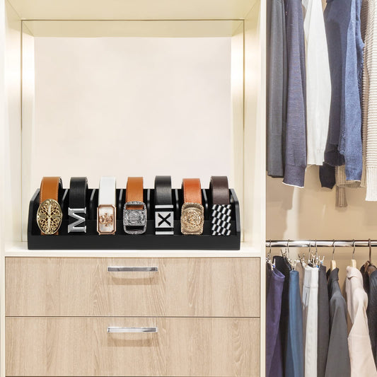 B4Life Belt Organizer-Father's day gift, 7 Compartments Belt Display Rack for Men, Bamboo Belt Holder for Closet and Drawer, Belt Display Case Belt