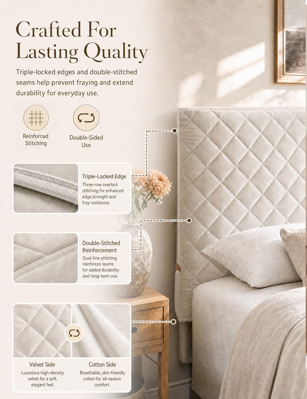 Bed Headboard Cover Superking, Quilted Thicken Protector Beige, 200x70cm