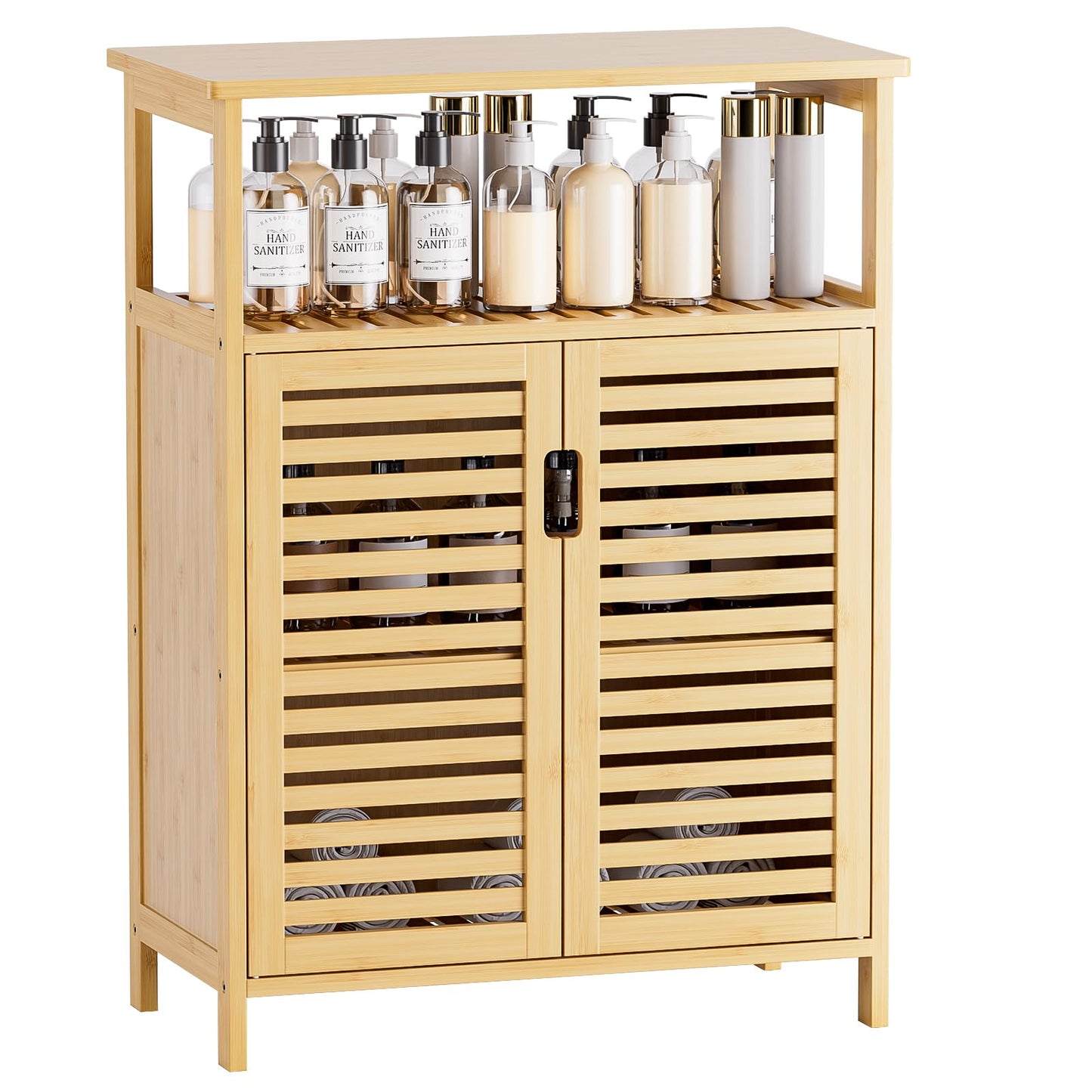 HITNET Bathroom Storage Cabinet, Bamboo Side Storage Organizer with Double Shutter Doors and Shelves, Freestanding Floor Cabinet for Living Room,